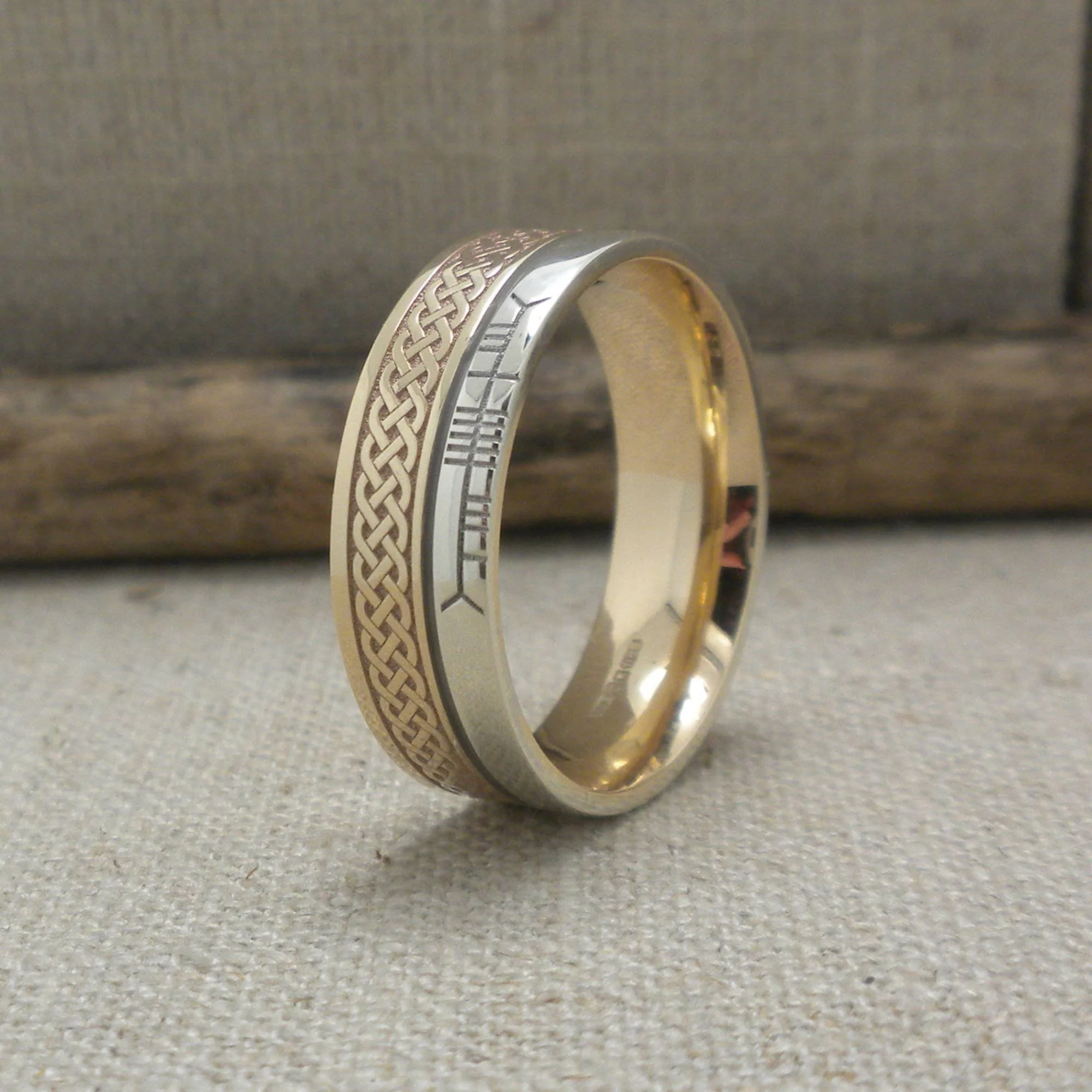 Celtic Weave Wedding Ring with Ogham Rail Edge