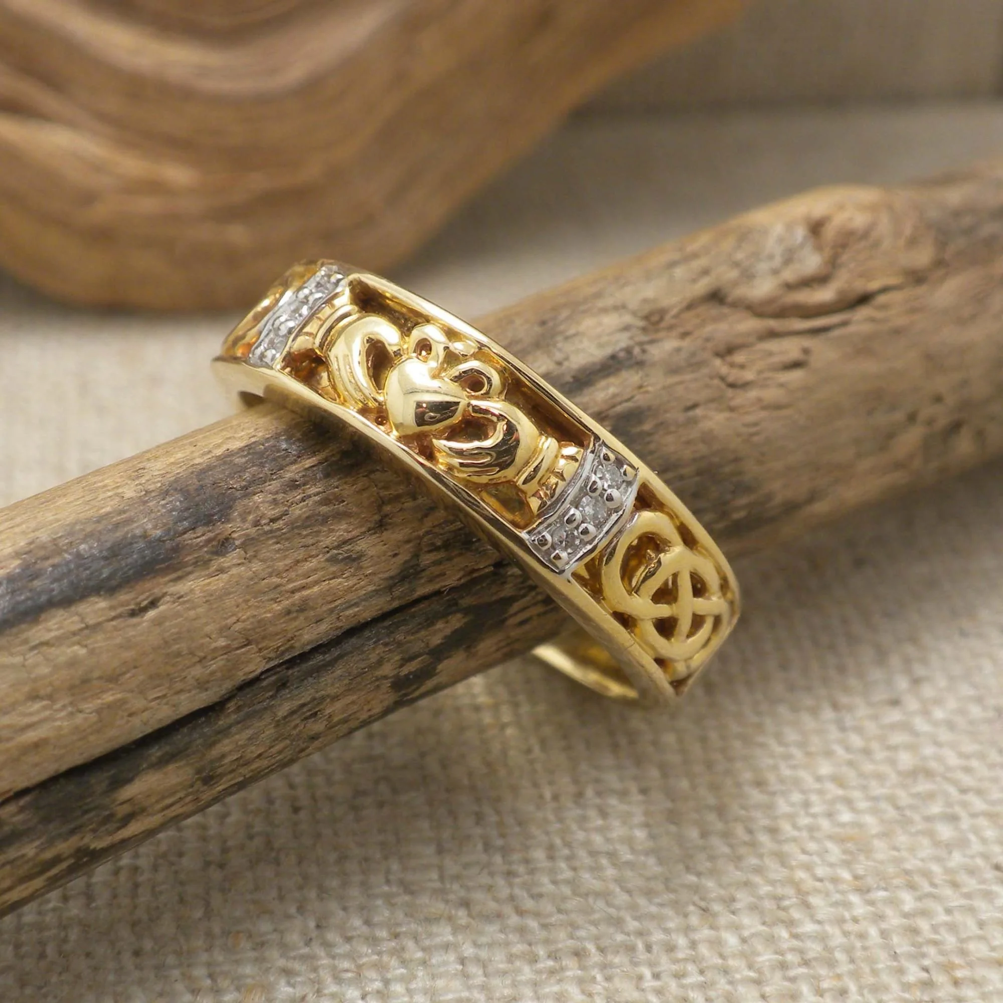 14K Yellow Gold Claddagh Wedding Ring with Diamonds