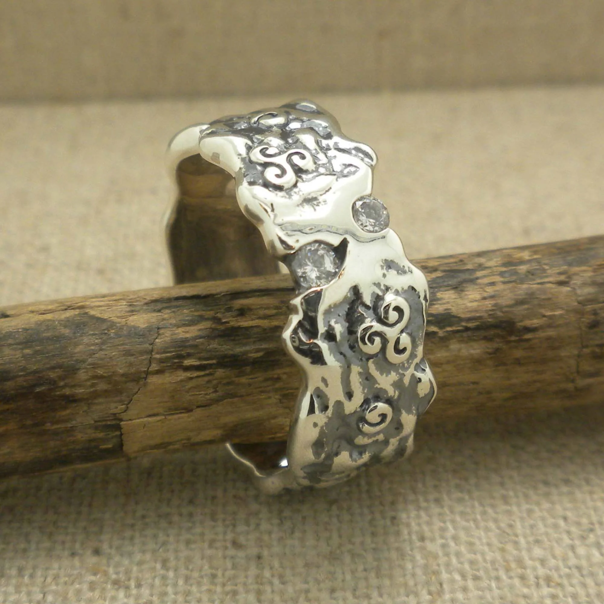 Sterling Silver with CZs Rocks 'N Rivers Ring with Celtic Spirals Triskele