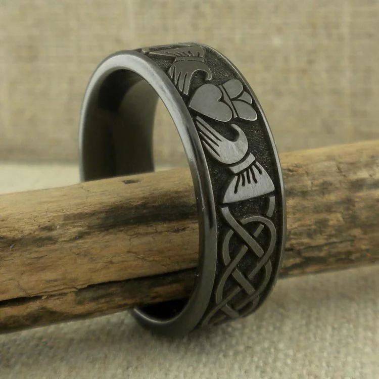 Flat Profile Black Zirconium Claddagh and Celtic Knot Wedding Ring