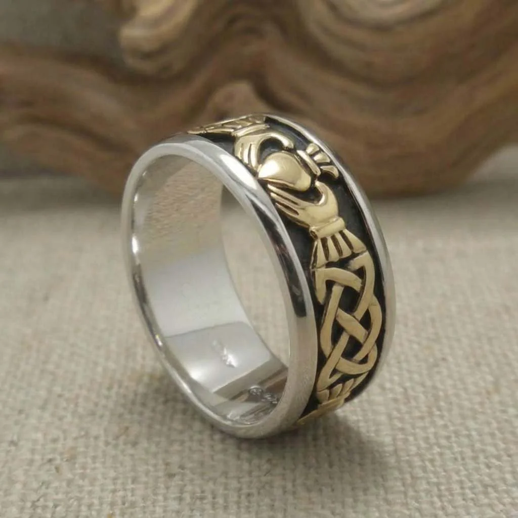 9 mm Sterling Silver and 10K Yellow Gold with Black Enamel Claddagh Wedding Ring
