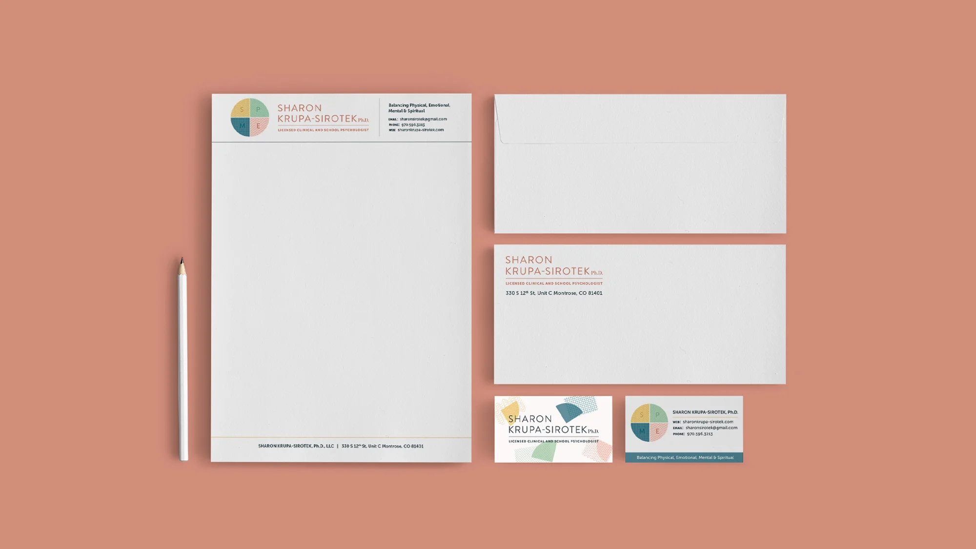 We designed a full brand identity suite for Sharon Krupa-Sirotek, including business cards, branded letterhead, and an envelope