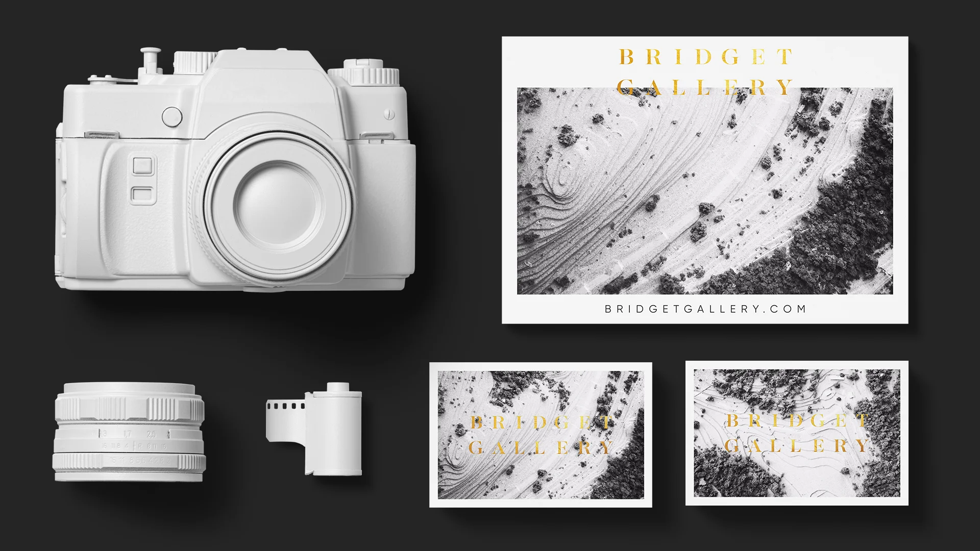 Brand collateral designed for Bridget Gallery Photography, including business cards and promotional flyer