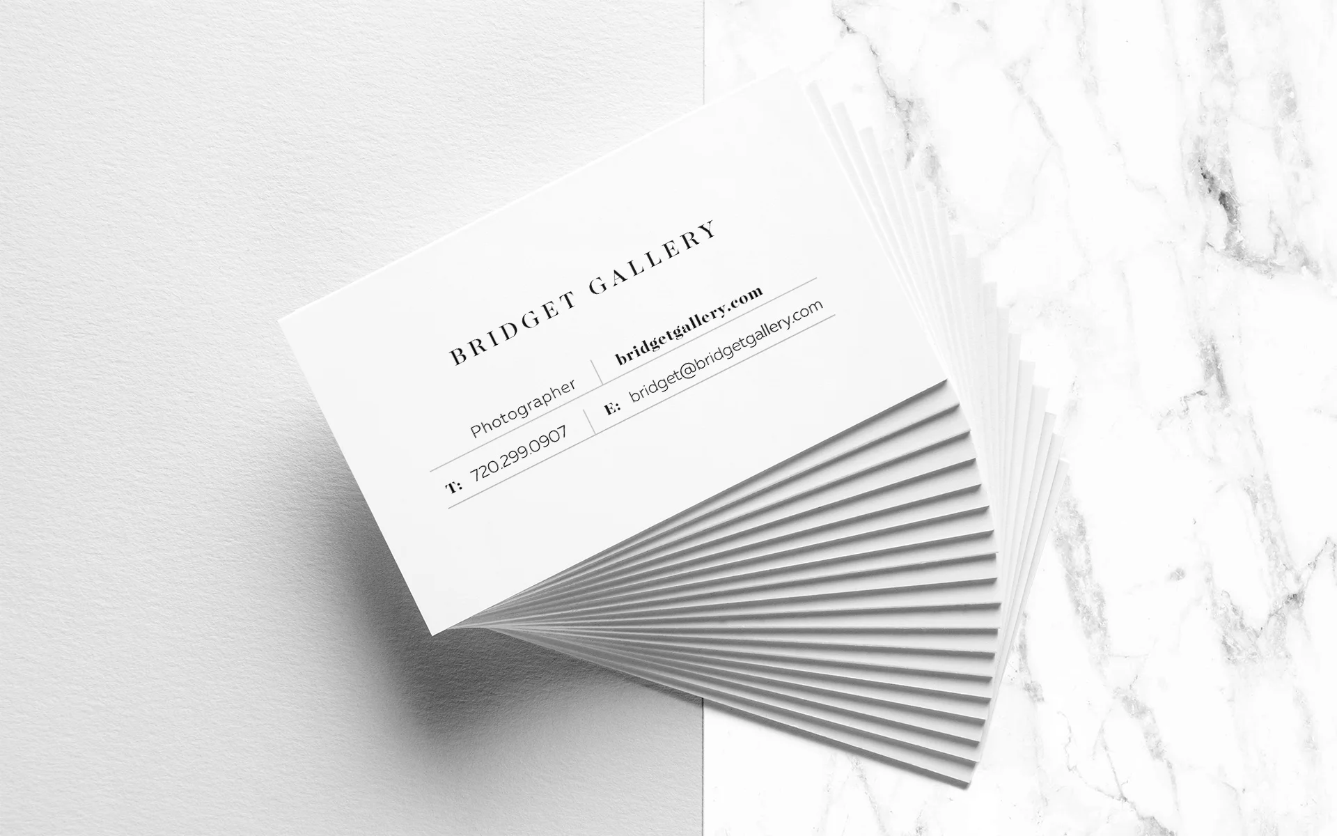 The informational side of Bridget Gallery Photography’s business cards