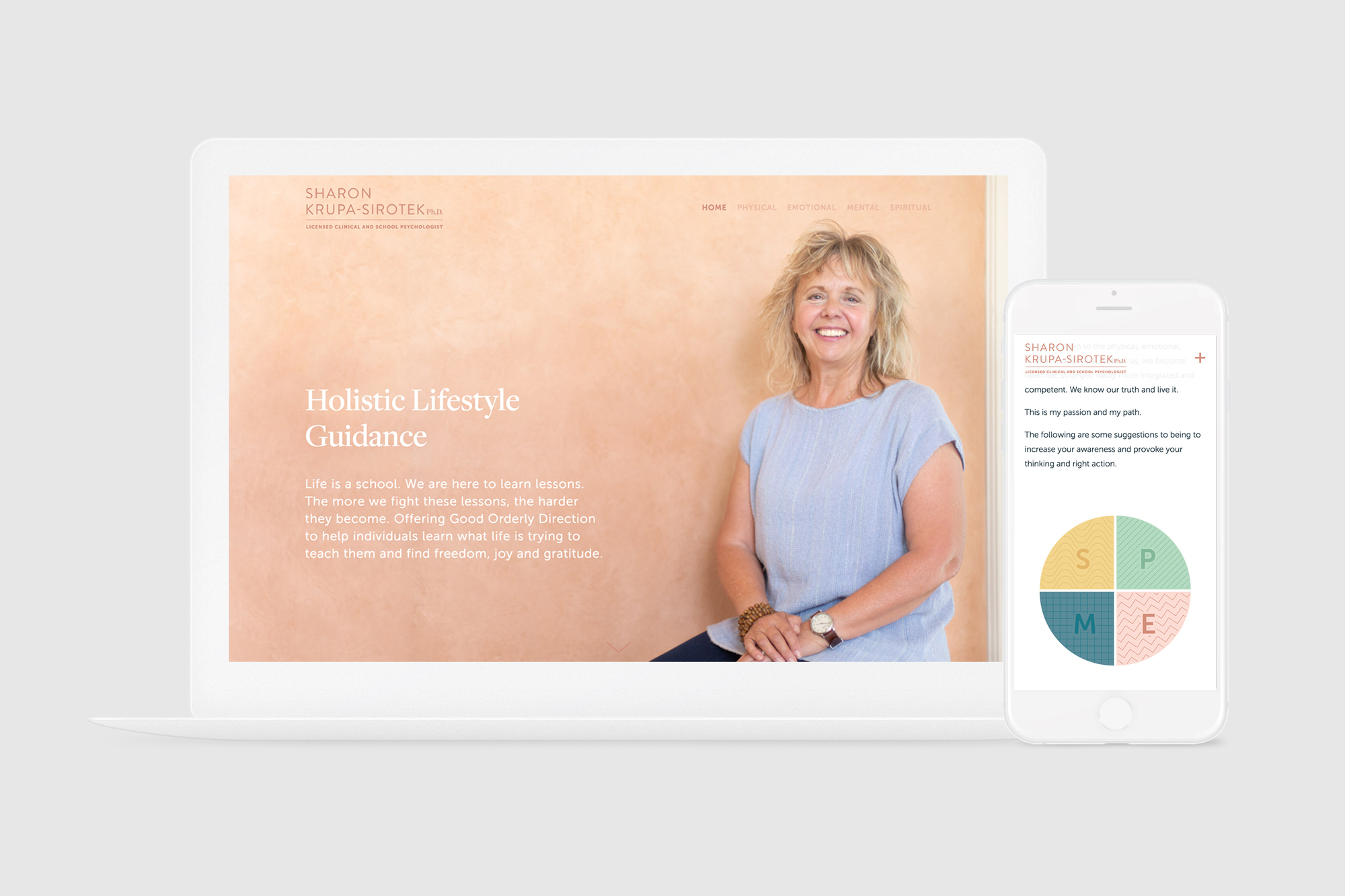 The responsive website we designed for Sharon Sirotek, shown on a computer and phone