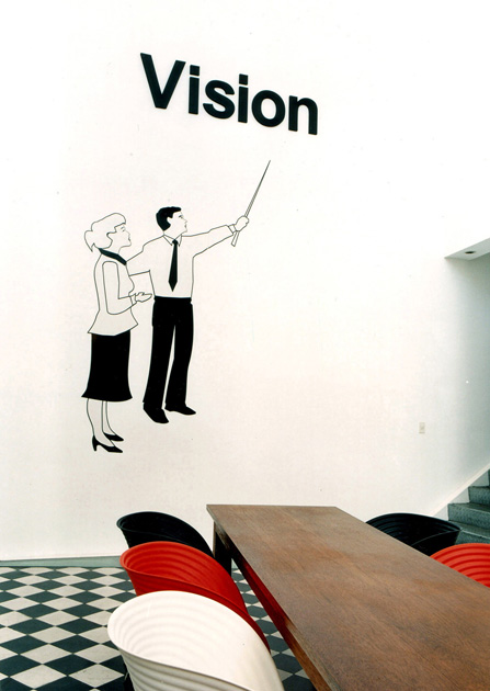 “Vision” (2001). Instalación. Sintra, vinilo y letras en polifán. “Ansia y Devoción”. Fundación Proa (Buenos Aires). Curador Rodrigo Alonso