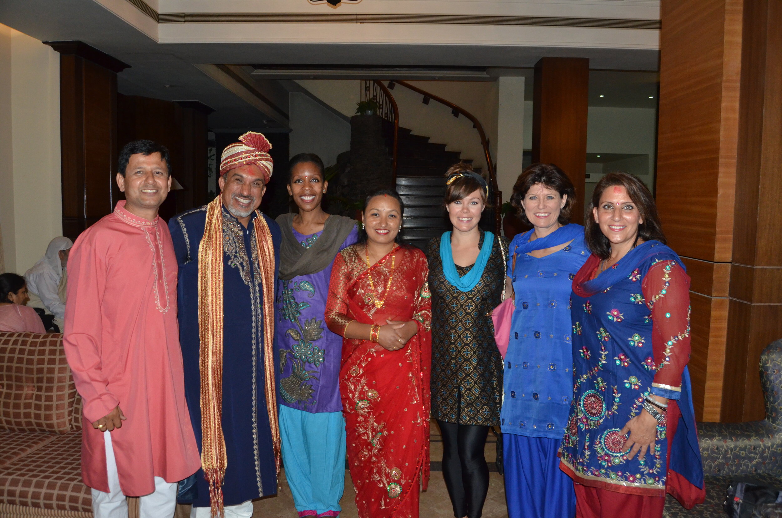 Farewell dinner in local dresses for tour participants - Nepal tour.JPG