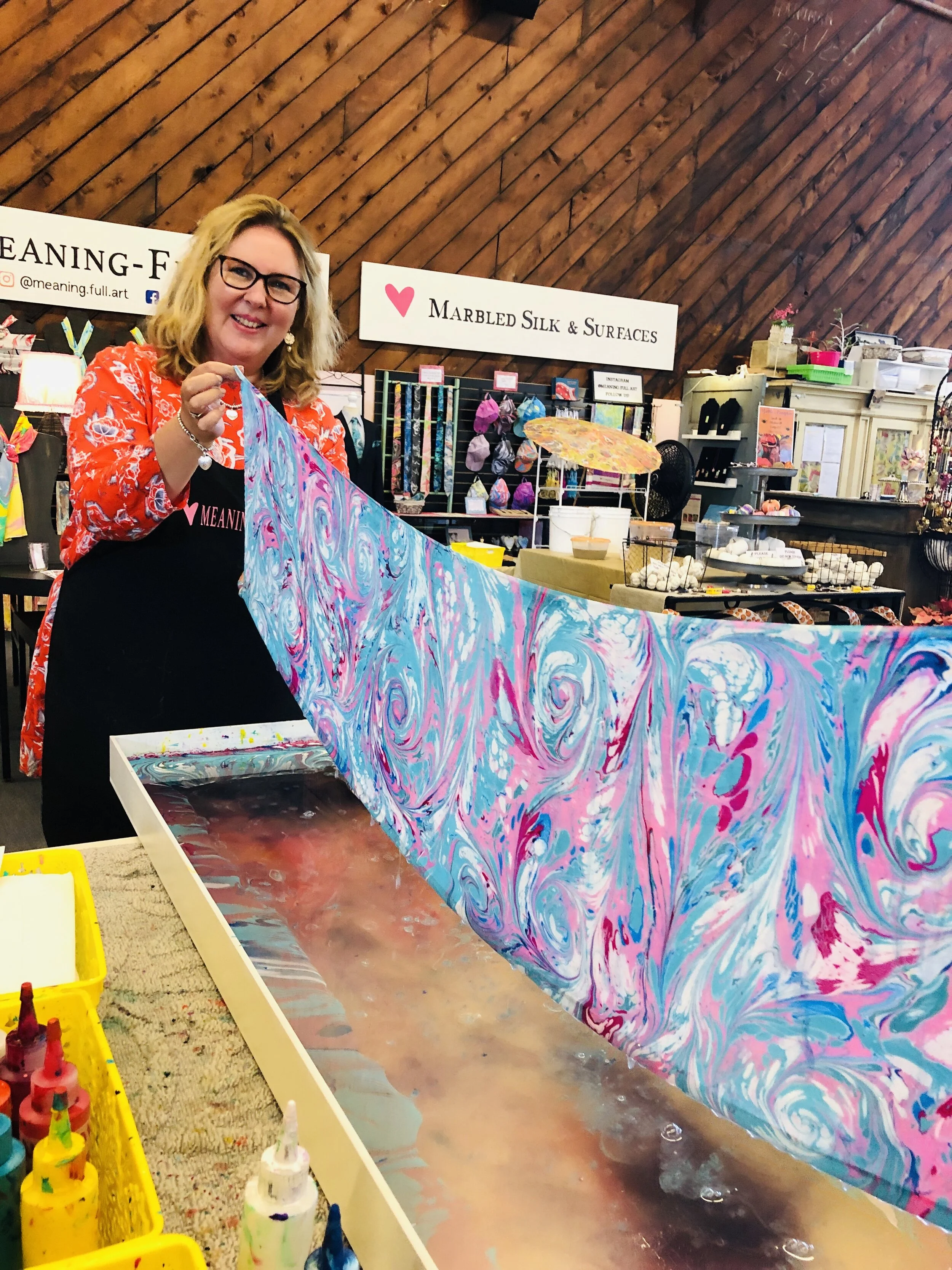 Stay Covered in Meaning-Full Art’s Water Marbled Silks By Patty Middlebrooks