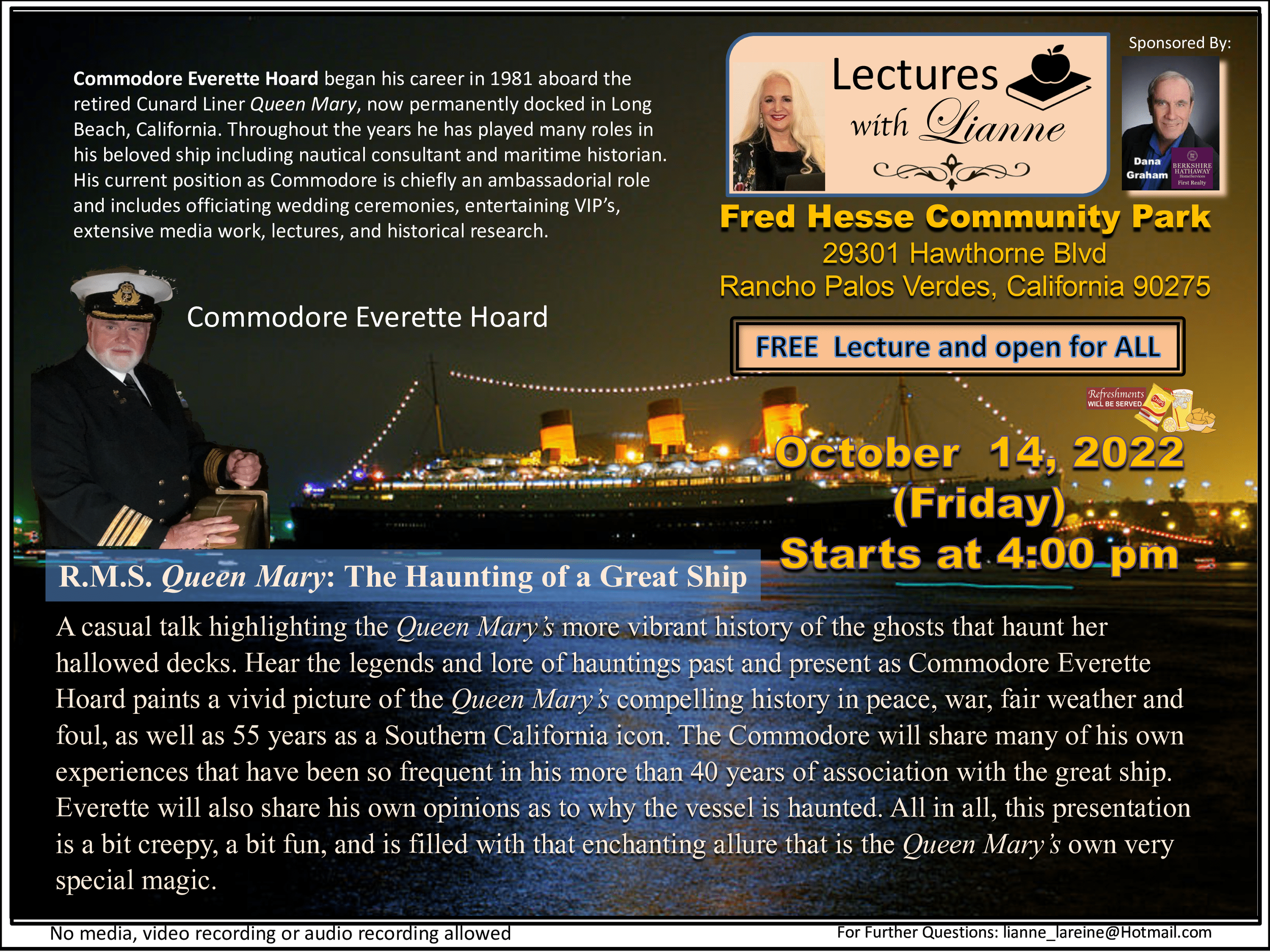 Lectures with Lianne presents a FREE Spooky Lecture October 14, 2022 - R.M.S. Queen Mary: The Haunting of a Great Ship with Commodore Everette Hoard