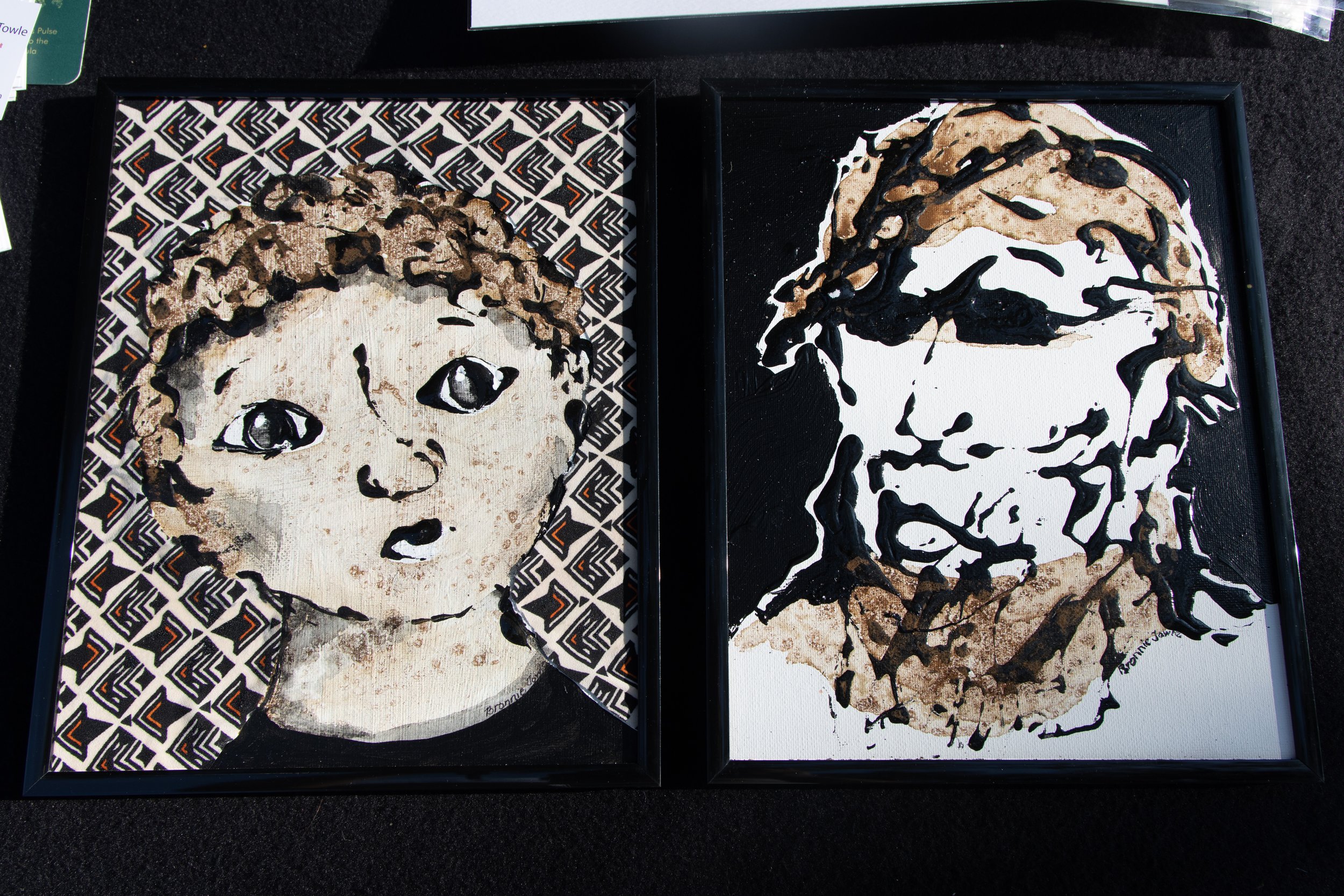 Bronwyn’s portrait pieces made by using a combination of india ink and  		coffee grounds