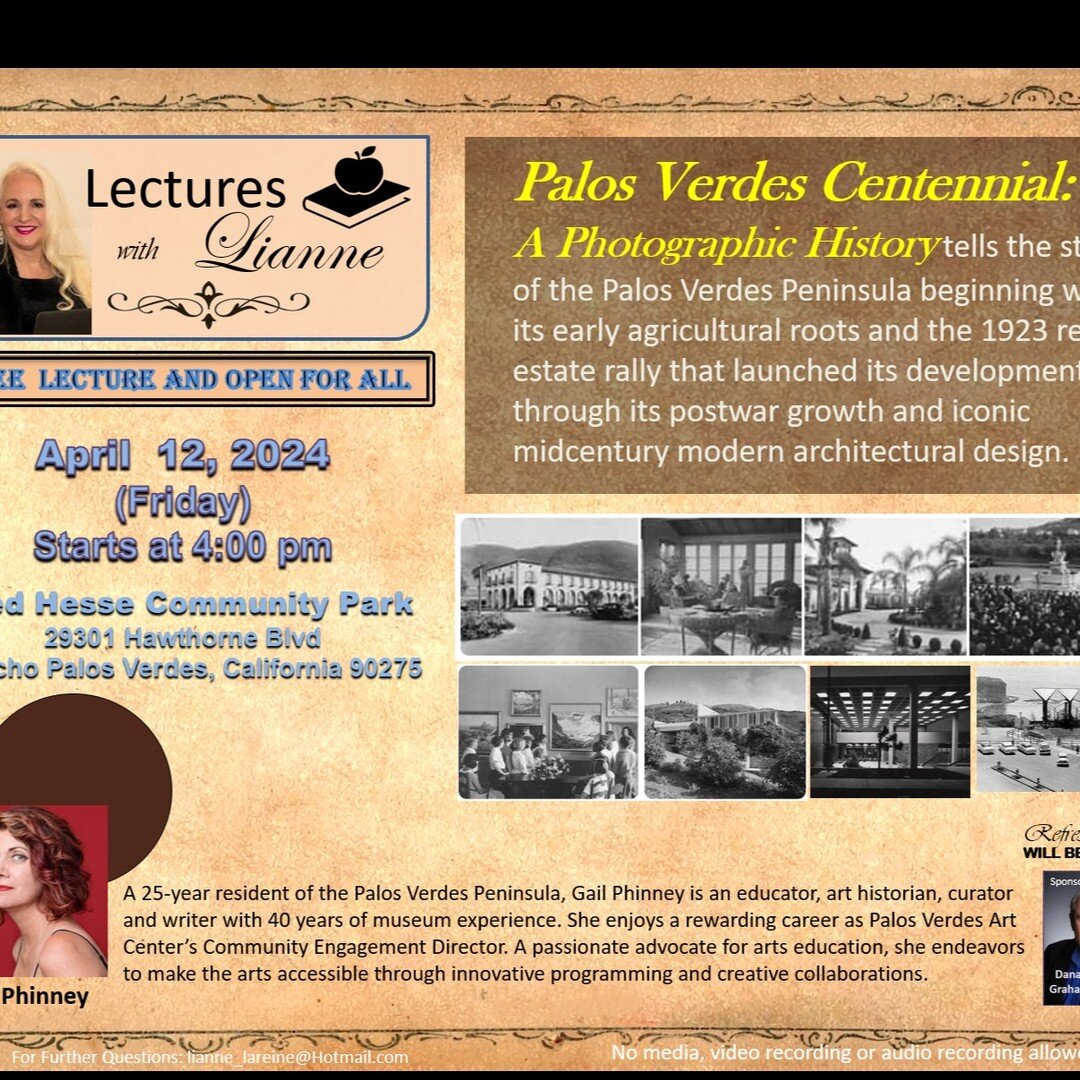 Get Ready for Gail Phinney! Join us for a FREE, Fun &amp; Fabulous Presentation April 12, 2024 at 4PM at Hesse Park. Let's Take a Trip Back in Time on the Palos Verdes Peninsula. 

https://www.palosverdespulse.com/blog/gailphinneylecture
