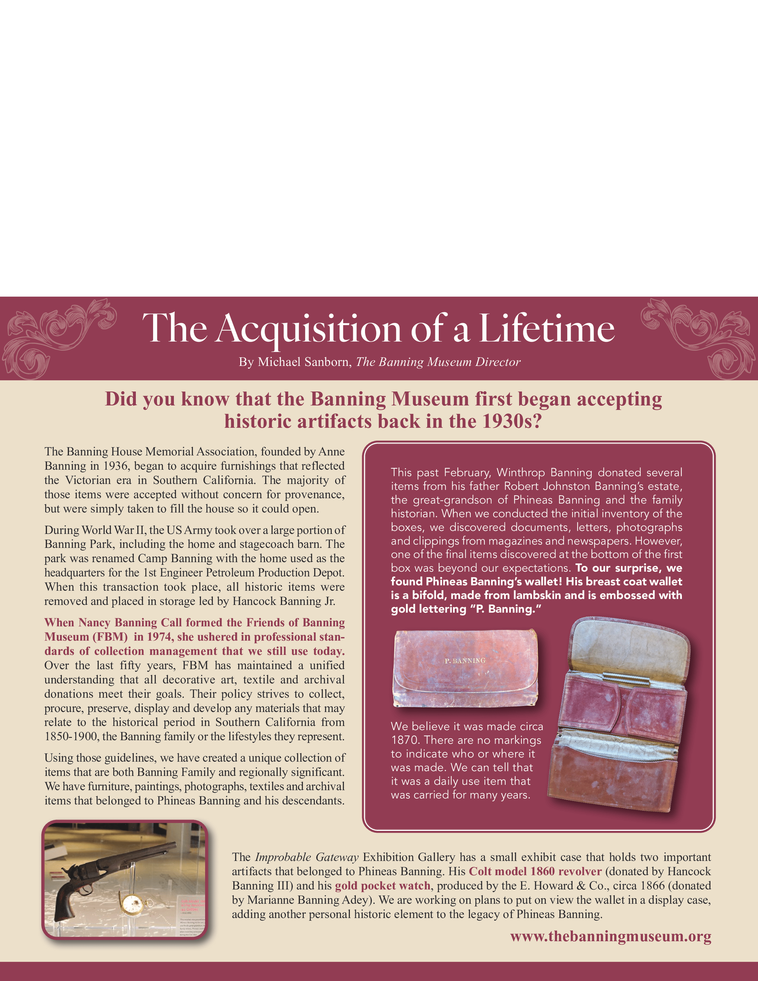 The Acquisition of a Lifetime By Michael Sandborn, The Banning Museum Director