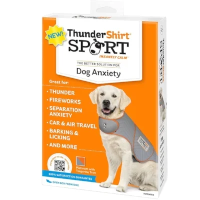 Compression jackets can help ease your pet’s nervous system to keep him calm during the commotion and loud noises of fireworks. Photo of Thundershirt.