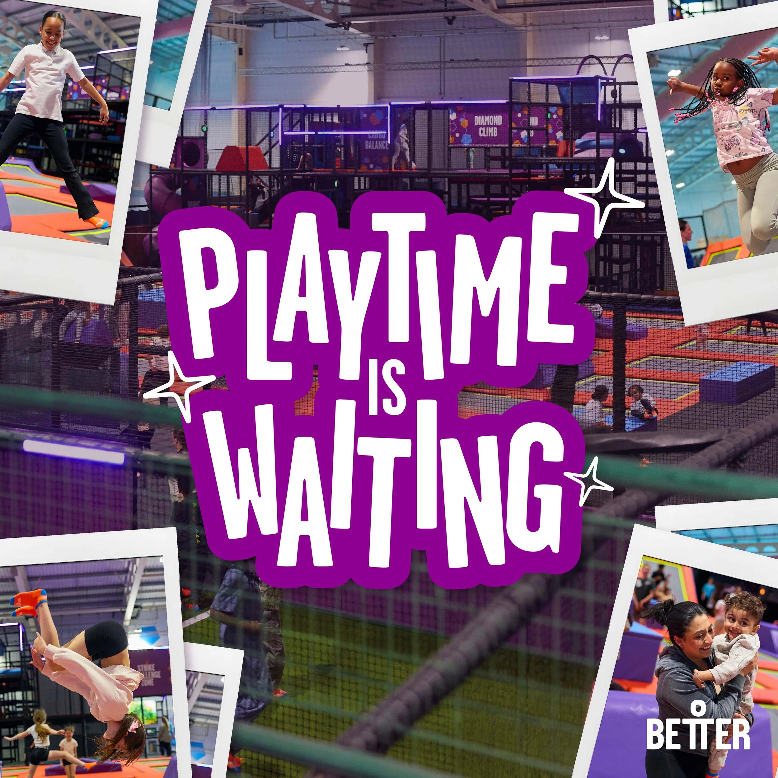 Kids playing on an indoor trampoline park with a climbing wall in the background, and a large purple sign with motivational text.