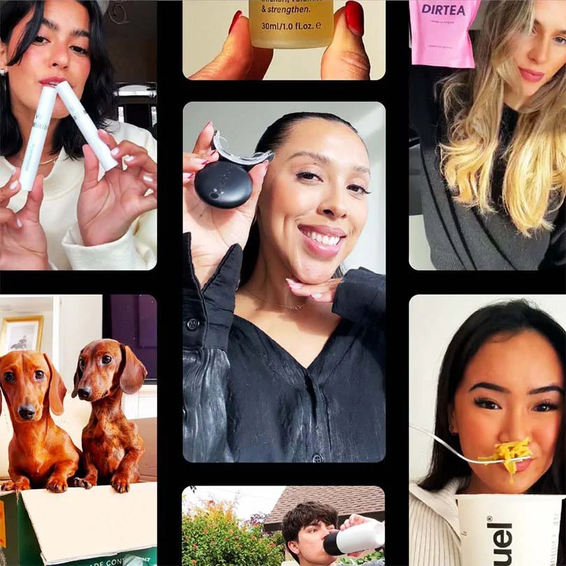 Collage of people using beauty and skincare products, with some showing pets and one person drinking from a cup of instant noodles.