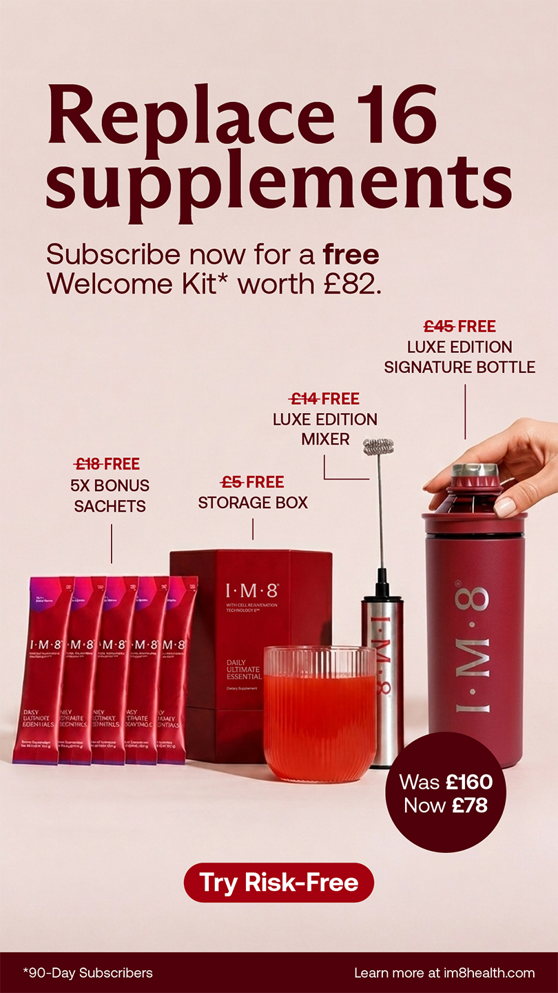 Promotional image advertising an I.M.8 subscription kit with dietary supplements and accessories. Displays four supplement sachets, a storage box, a mixer, and a bottle, with discounted prices and a call to action to try risk-free.
