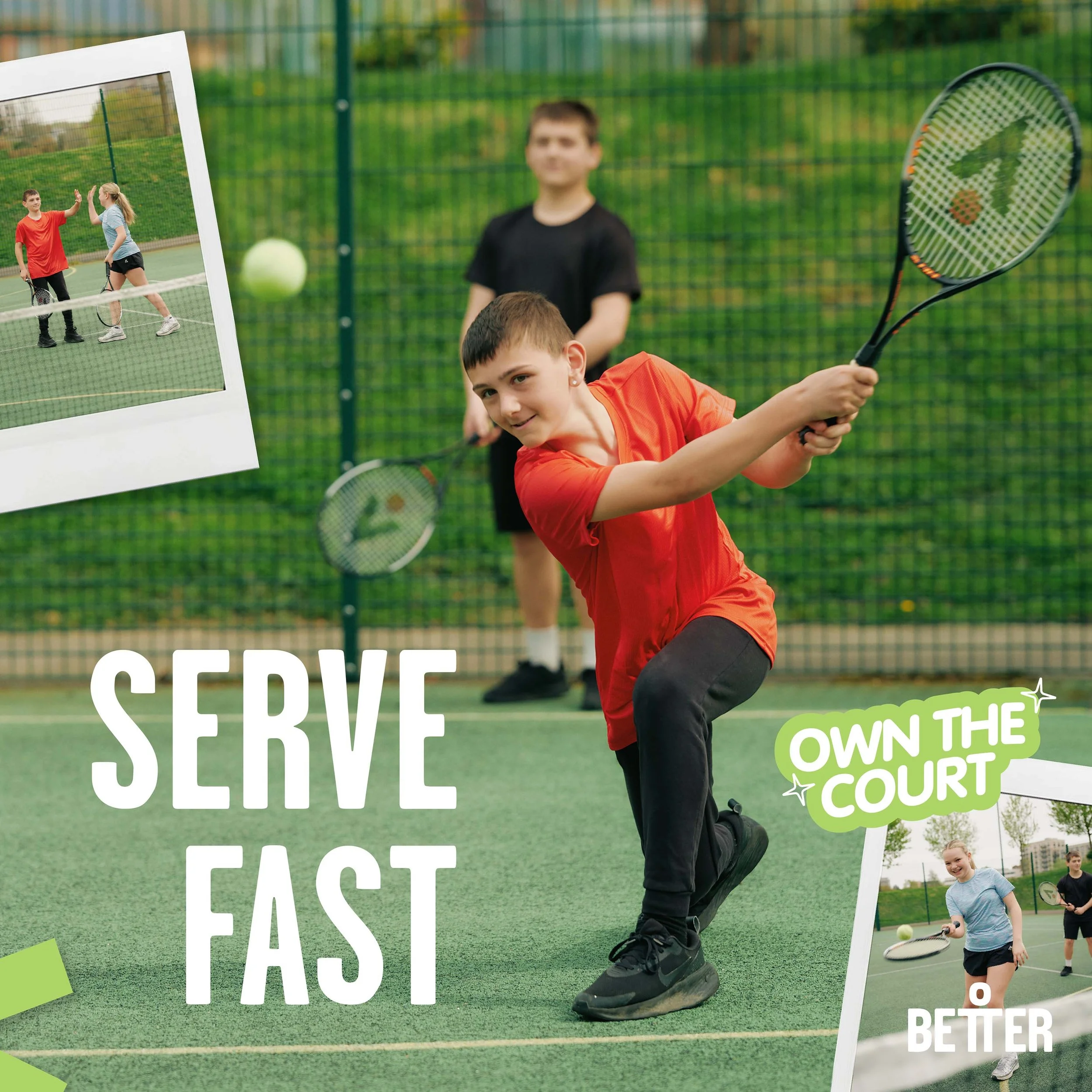 Child in red shirt playing tennis on a court, with promotional signs and other children in background.