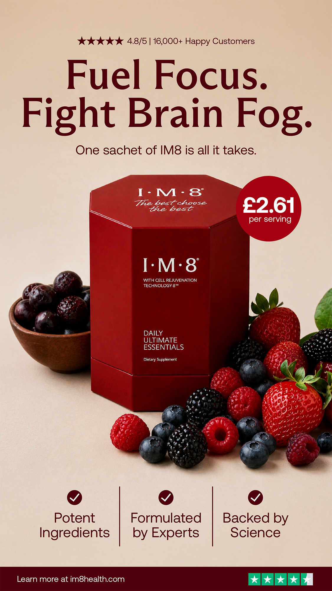 Advertisement for I.M.8 supplement with a red box on a beige background, surrounded by mixed berries, and text promoting mental focus and brain fog reduction.