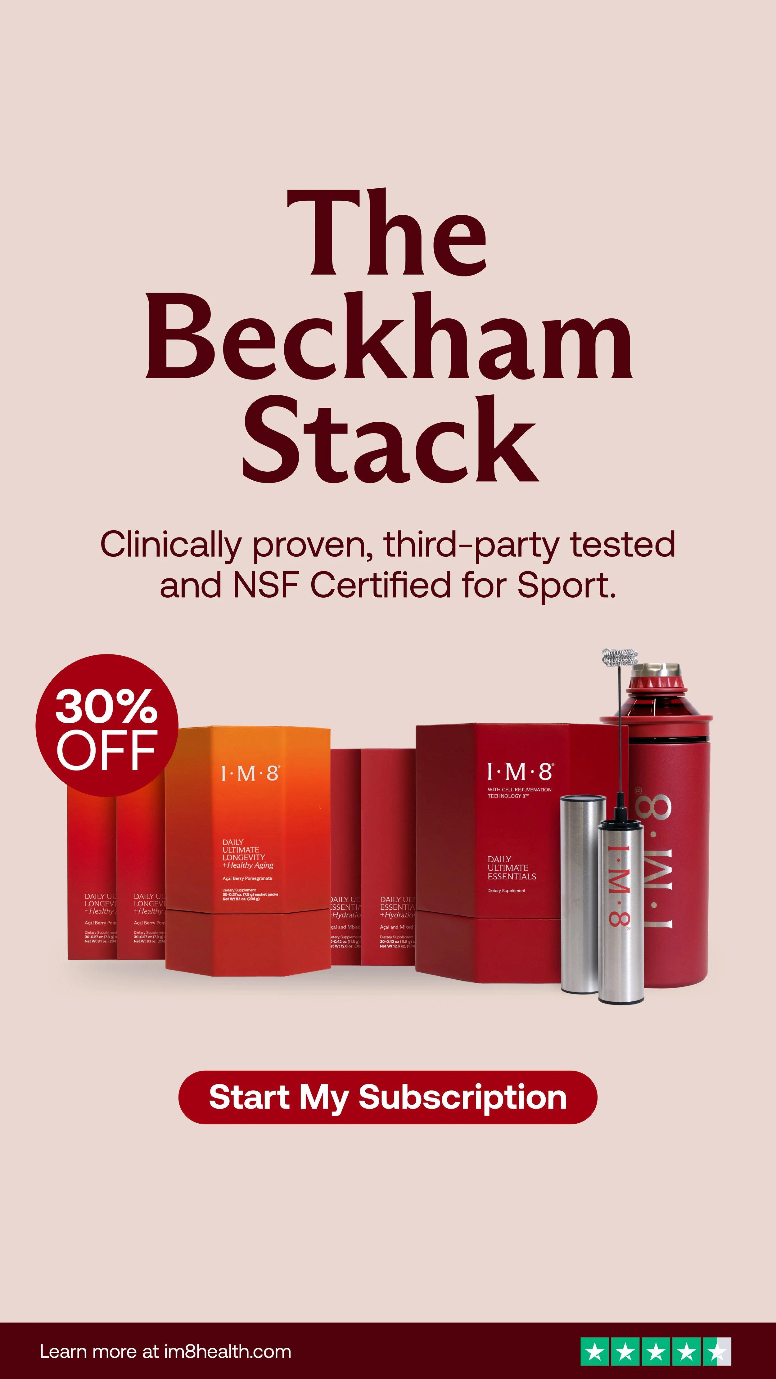 A promotional ad for The Beckham Stack, featuring various health supplement products in red and orange packaging, with a 30% discount badge, and a red button that says "Start My Subscription".