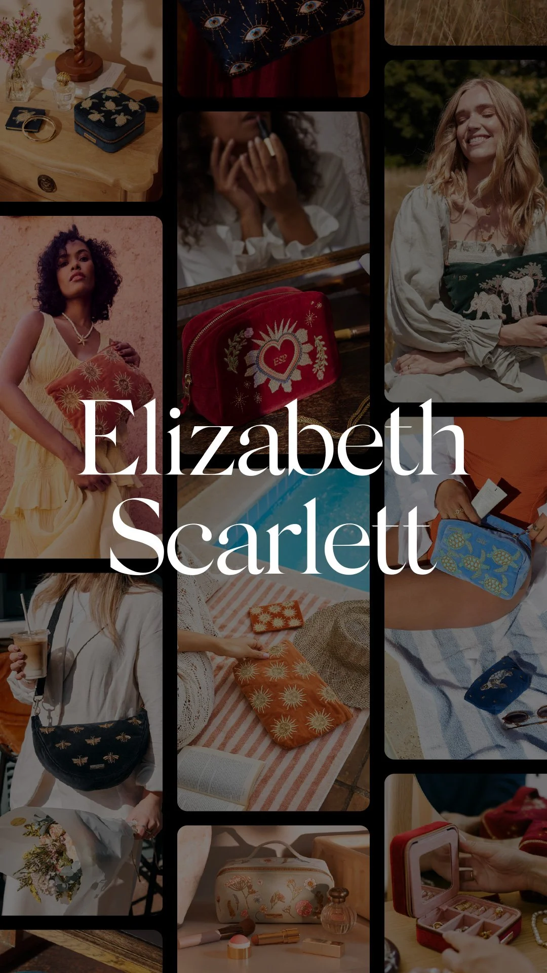 Collage of women and accessories, including handbags, jewellery, and makeup, with the text 'Elizabeth Scarlett' overlaid.