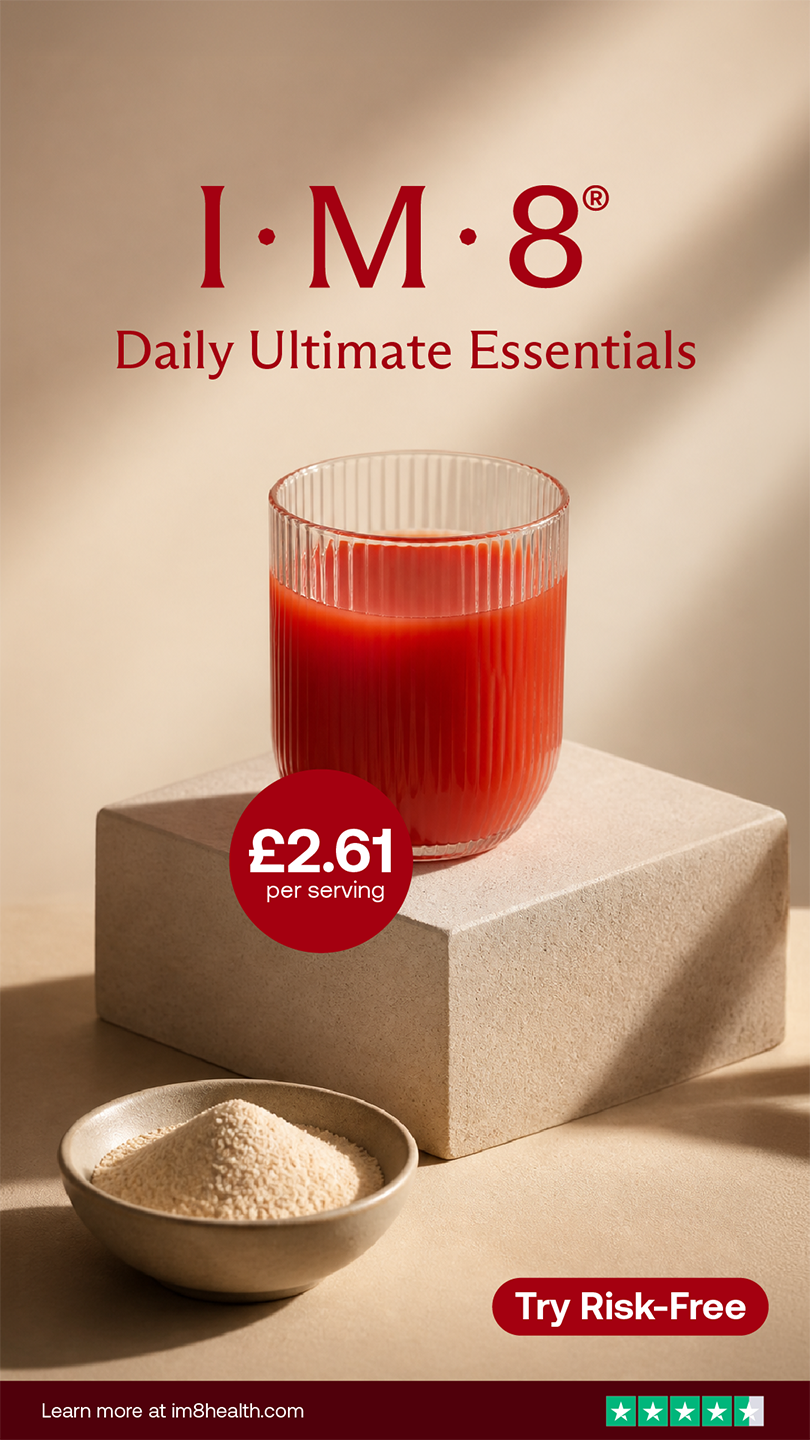 A promotional display for I.M.8 Daily Ultimate Essentials shows a glass of red liquid, a small bowl of white powder, and promotional text including price and a slogan against a neutral background.