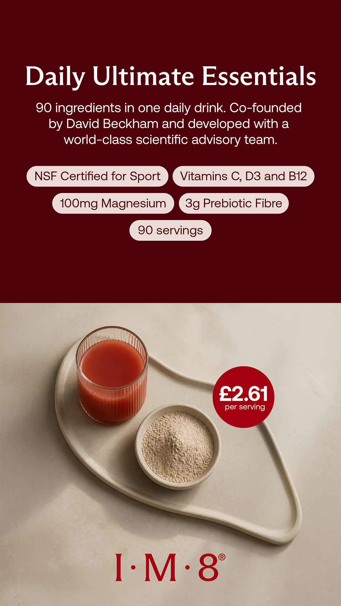 Product packaging for a Daily Ultimate Essentials dietary supplement, featuring information about ingredients, certifications, and price per serving with a beverage and supplement powder in a tray.