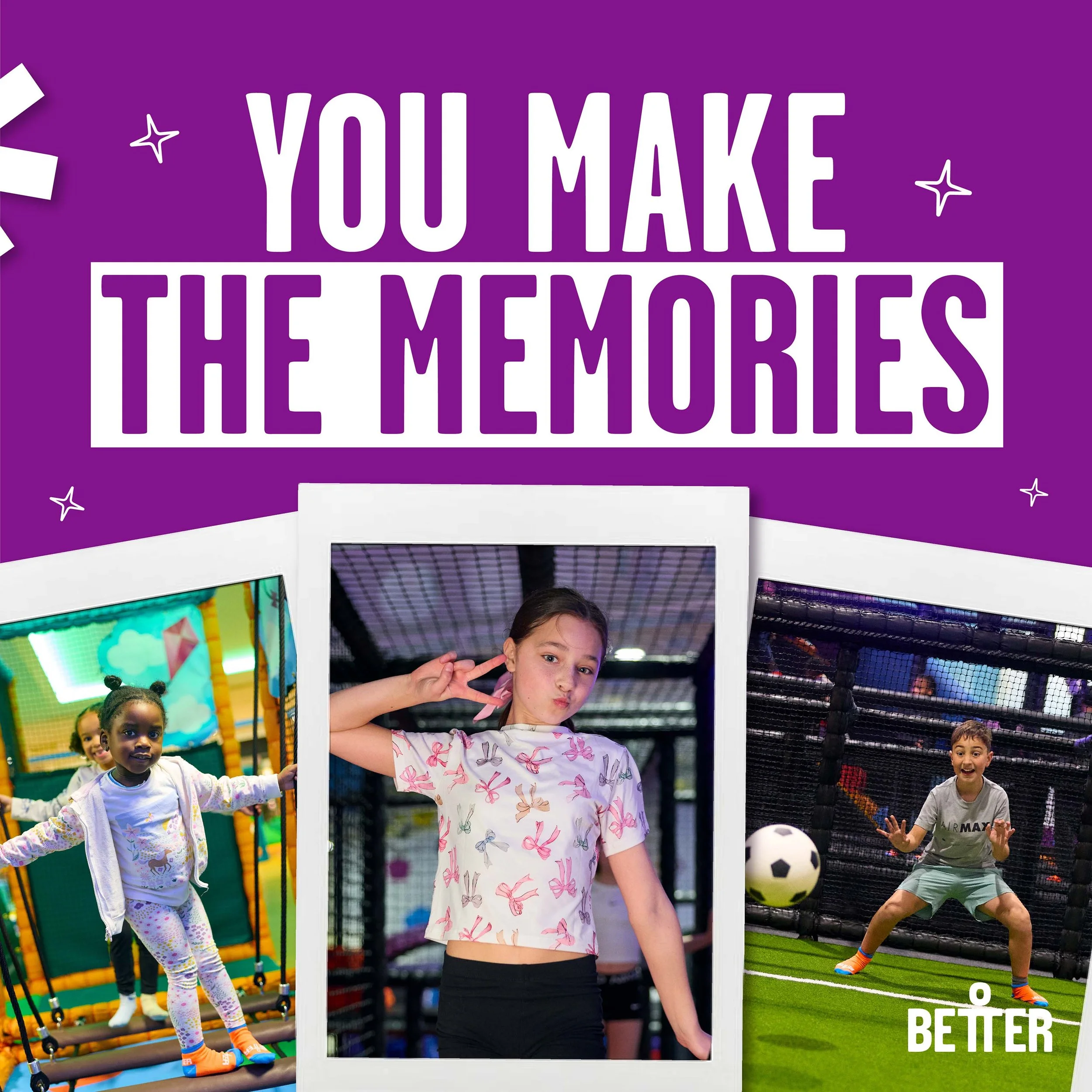 Children playing in an indoor trampoline park with vibrant colorful walls, a trampoline, and a soccer ball.