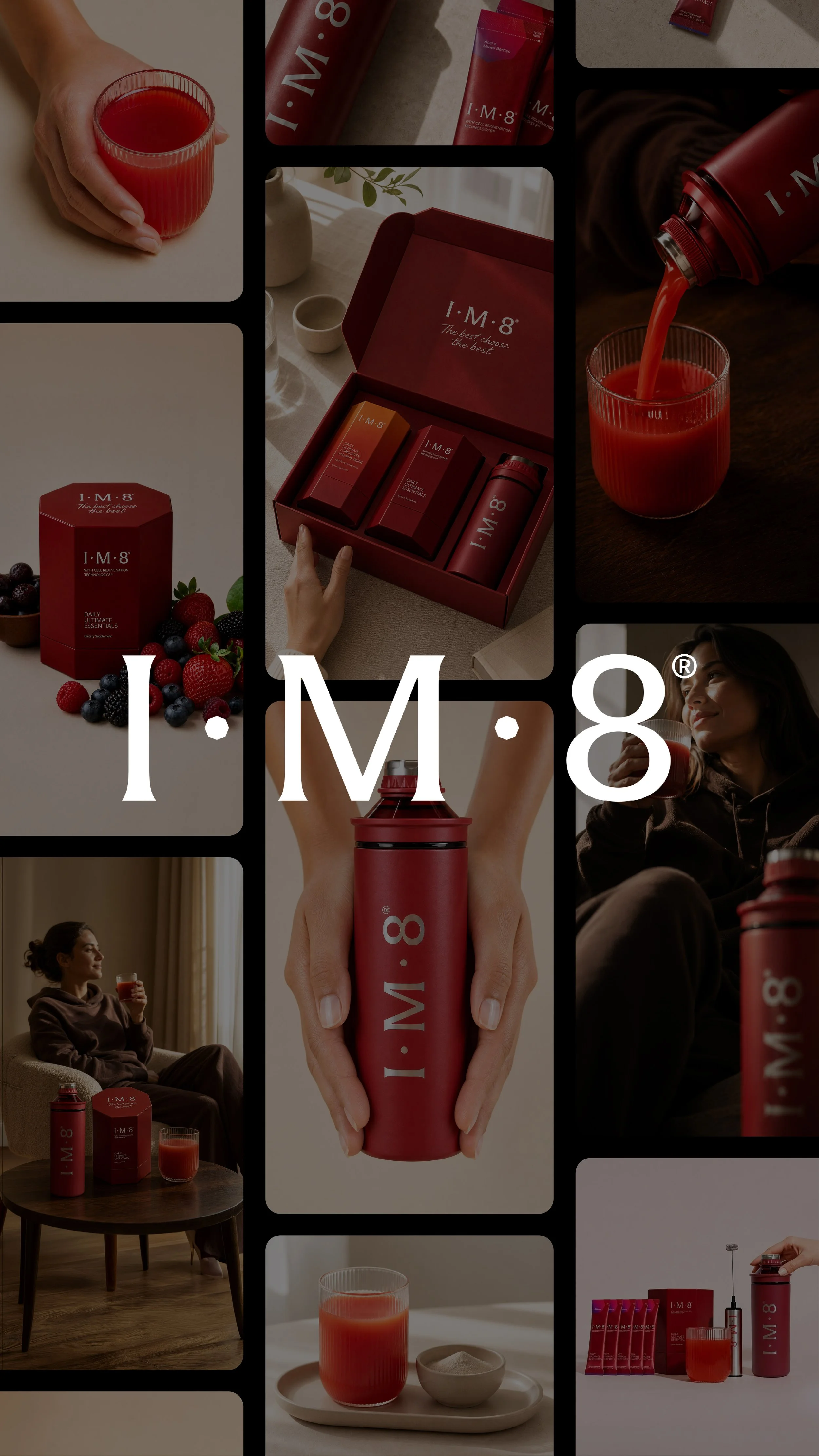Various images of the IM8 products displayed in multiple contexts.