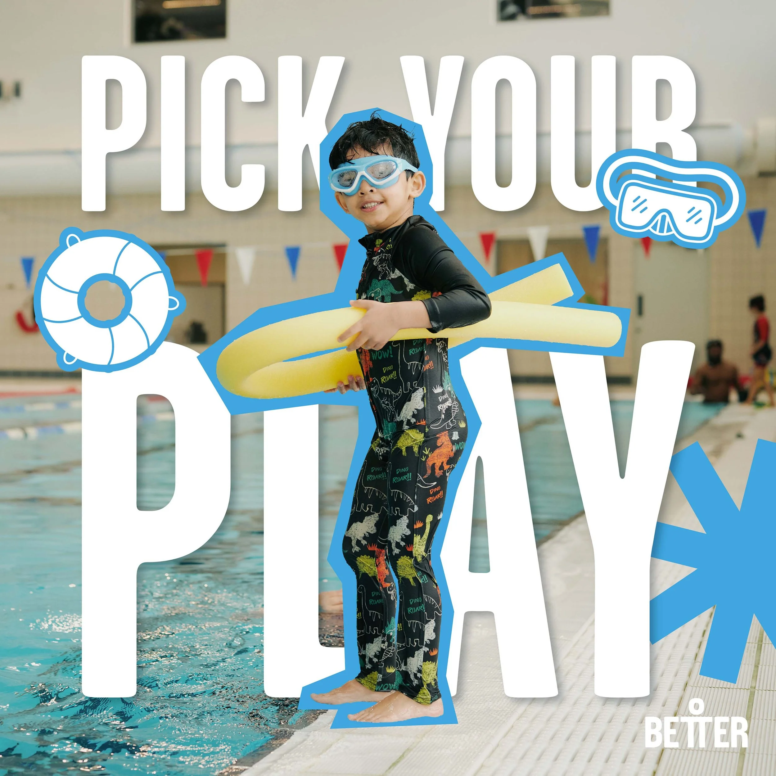 A young boy wearing swim goggles and a swimsuit stands beside a swimming pool, holding a yellow kickboard, with the pool and poolside seating in the background.