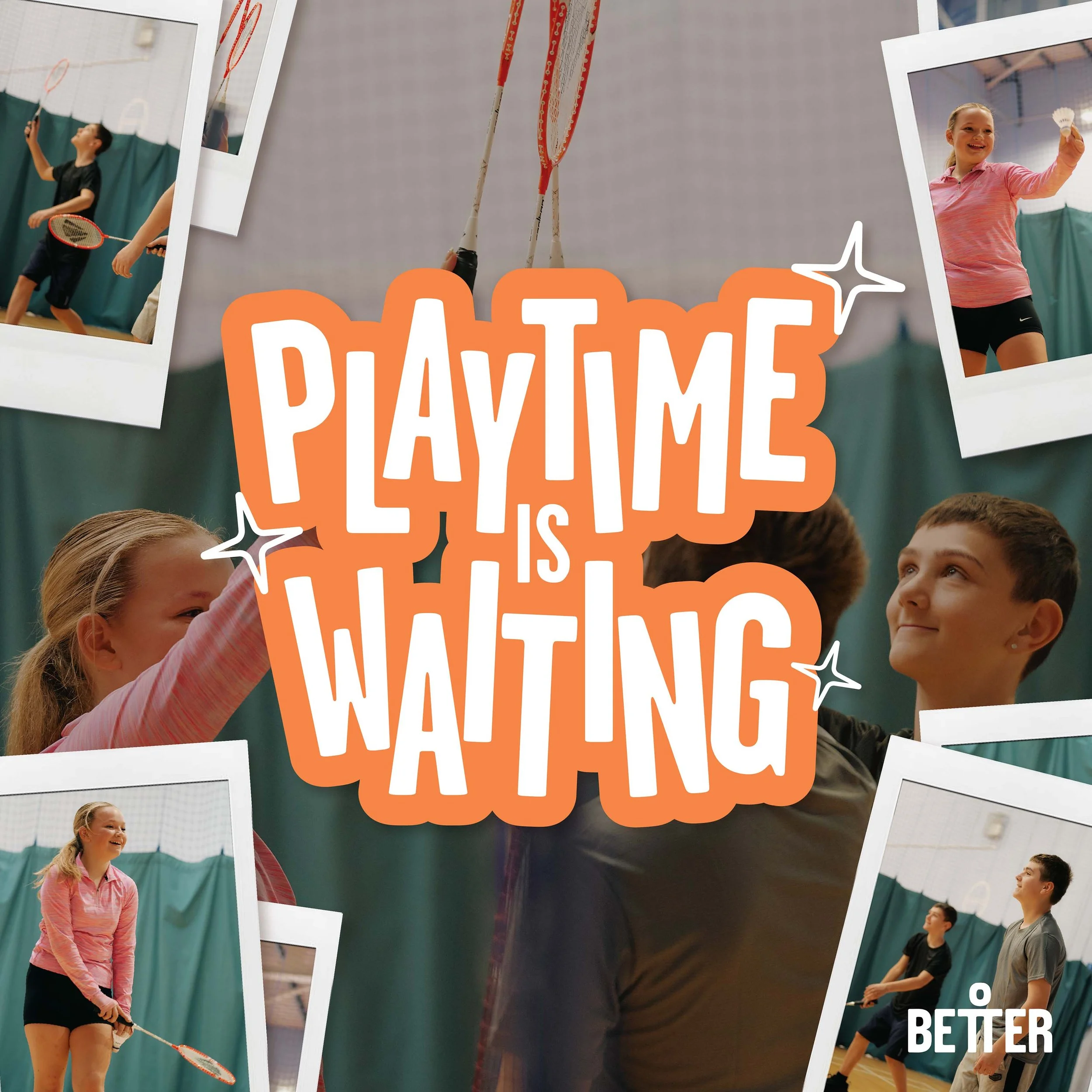 A collage of images showing children playing badminton indoors, smiling and engaging in the game.