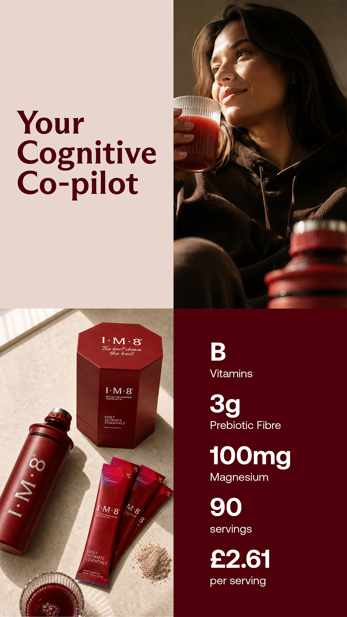 A woman relaxing with a glass of I.M.8, product packaging of I.M.8 supplement, and a list of benefits including vitamins, prebiotic fibre, magnesium, and servings with pricing information.