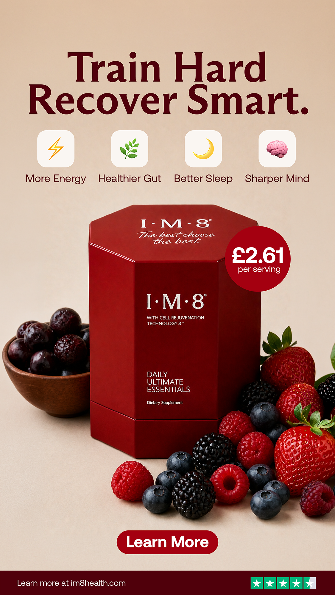 An advertisement for I.M.8 dietary supplement with cell rejuvenation technology, priced at £2.61 per serving, featuring a red box surrounded by various berries and a bowl of blackberries. The text promotes training hard, recovering smart for more energy, healthier gut, better sleep, and a sharper mind.