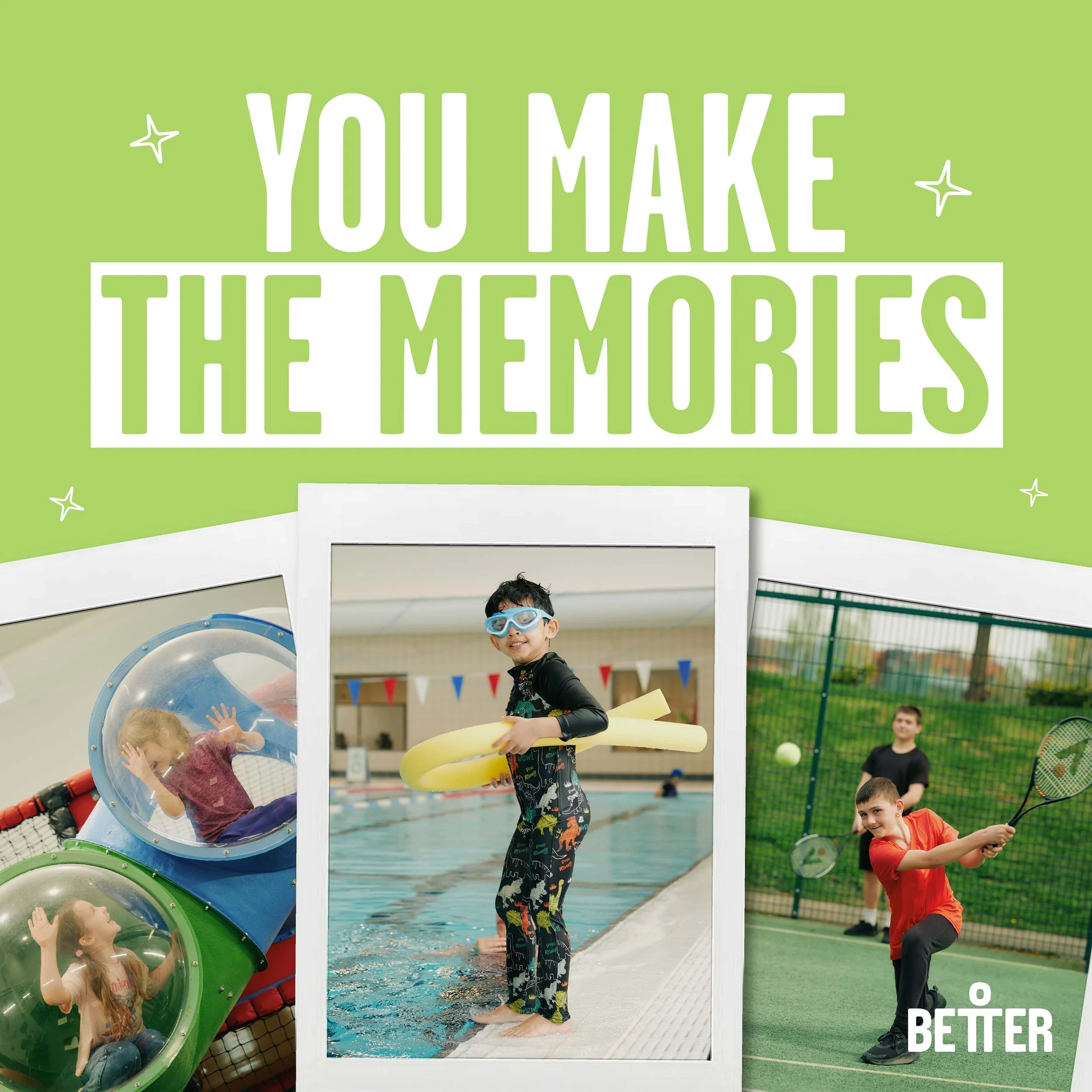 Children playing at an indoor water park, with one girl standing in water holding pool noodles, a girl inside a circular water slide tube waving, and boys dressed in athletic wear preparing to play tennis.