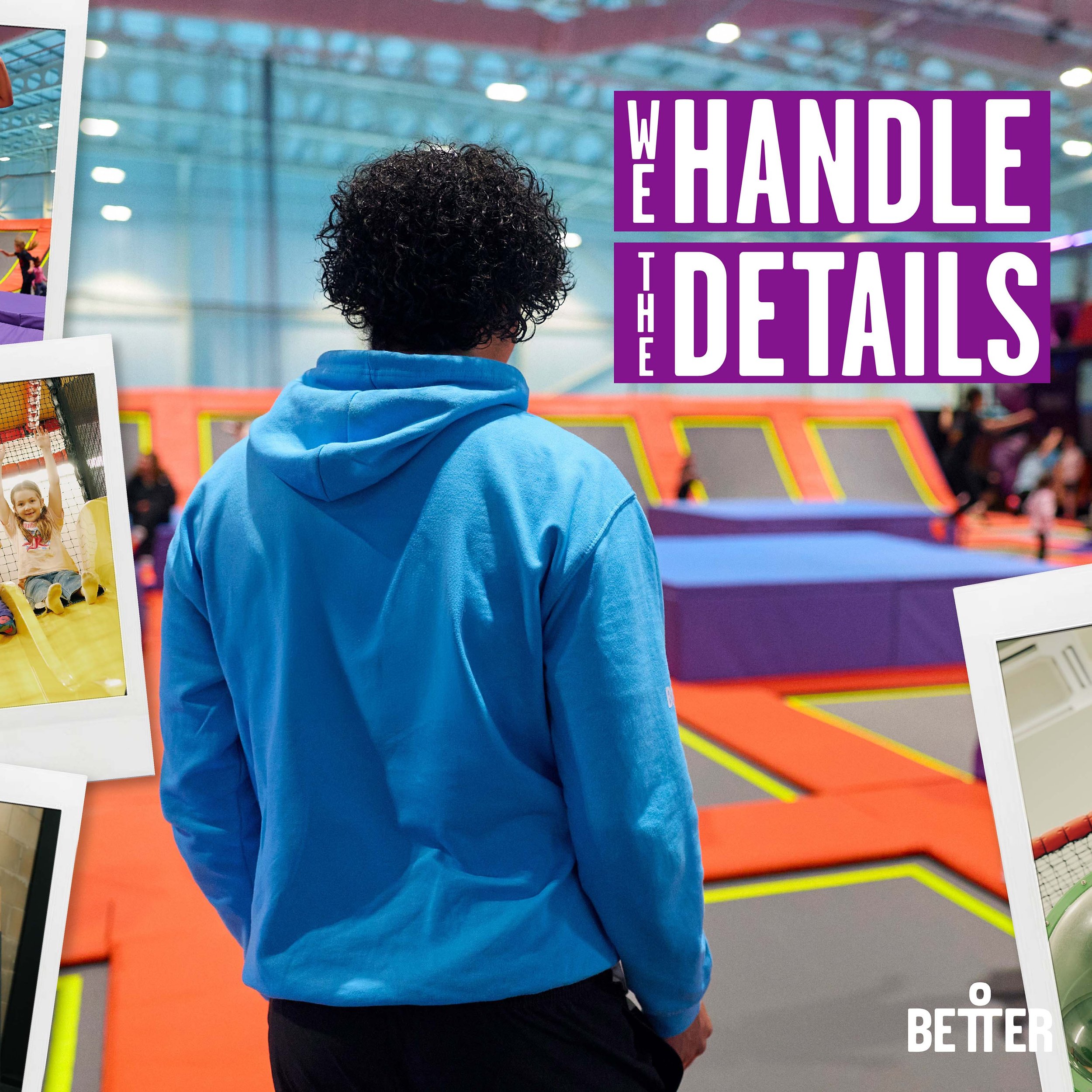 Person with curly hair wearing a blue hoodie in an indoor recreational facility with vibrant colors, sporting equipment, and promotional posters on display.