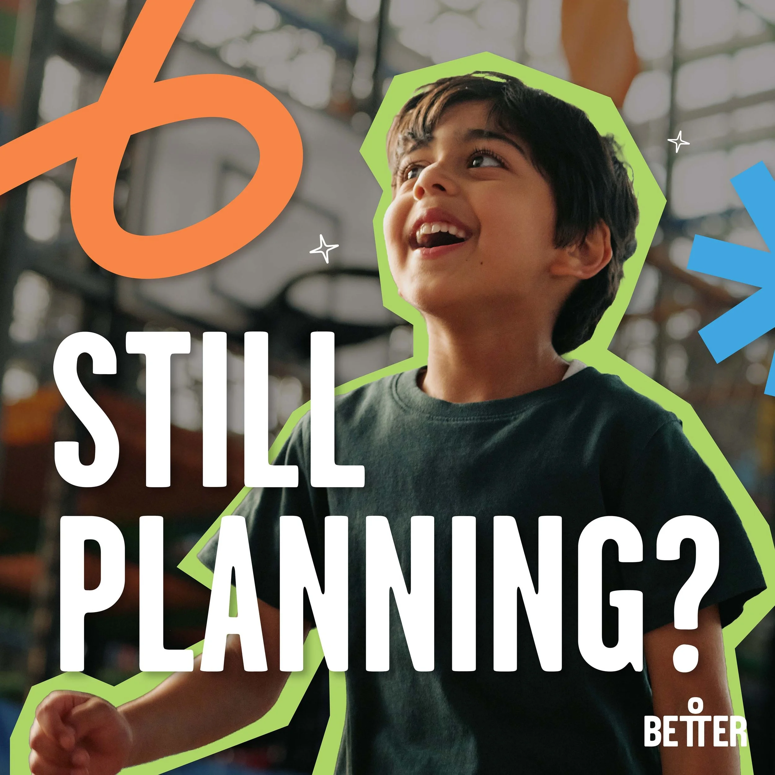 A young boy smiling, wearing a dark grey shirt, with colorful graphic elements and text overlay on the image.