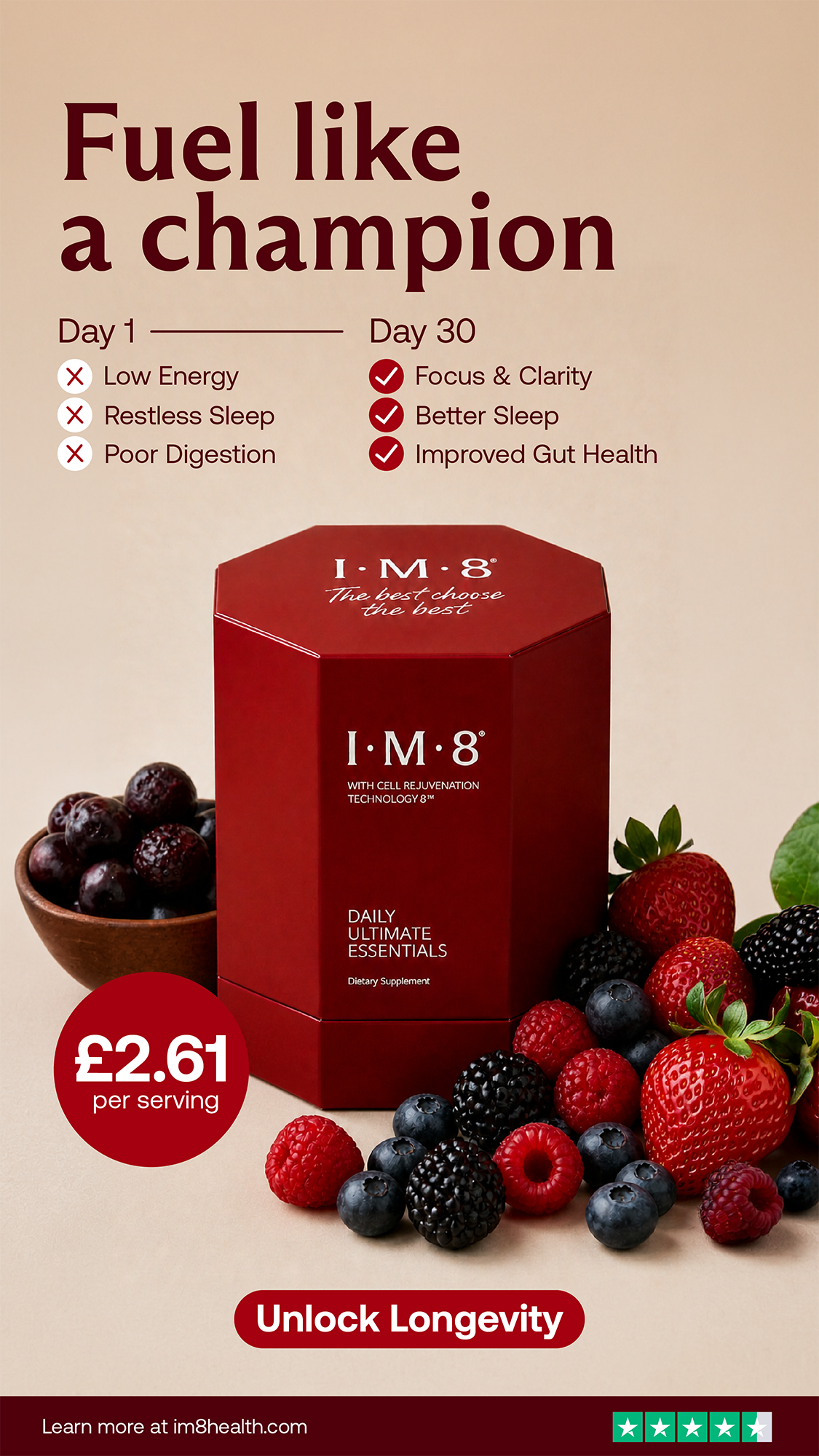 An advertisement for I.M.8 dietary supplement with a focus on health benefits like improved gut health and better sleep. The ad features a red box of the product surrounded by various berries, and highlights a cost of £2.61 per serving.