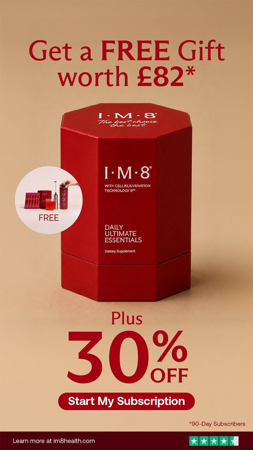 Advertisement for I.M.8 health supplement offering a free gift worth £82 with a subscription, plus 30% off, with a call to action button to start a subscription and a note for 90-day subscribers.