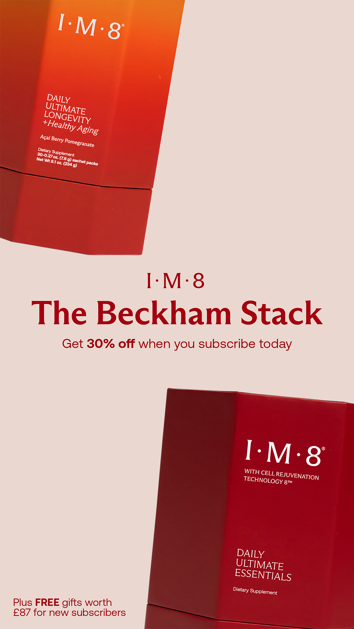 Advertisement for I.M.8 products featuring text and a 30% discount offer.