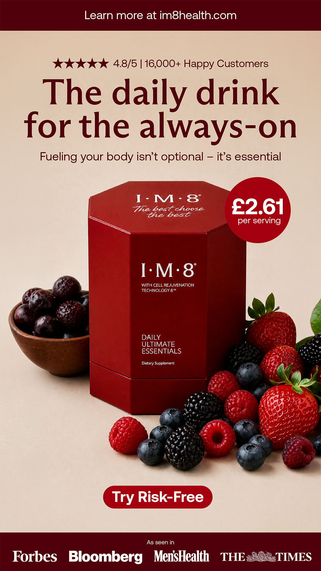 Advertisement for I M 8 dietary supplement, featuring a red box and various berries around it, with text highlighting its health benefits and price, and logos of Forbes, Bloomberg, Men's Health, The Times.