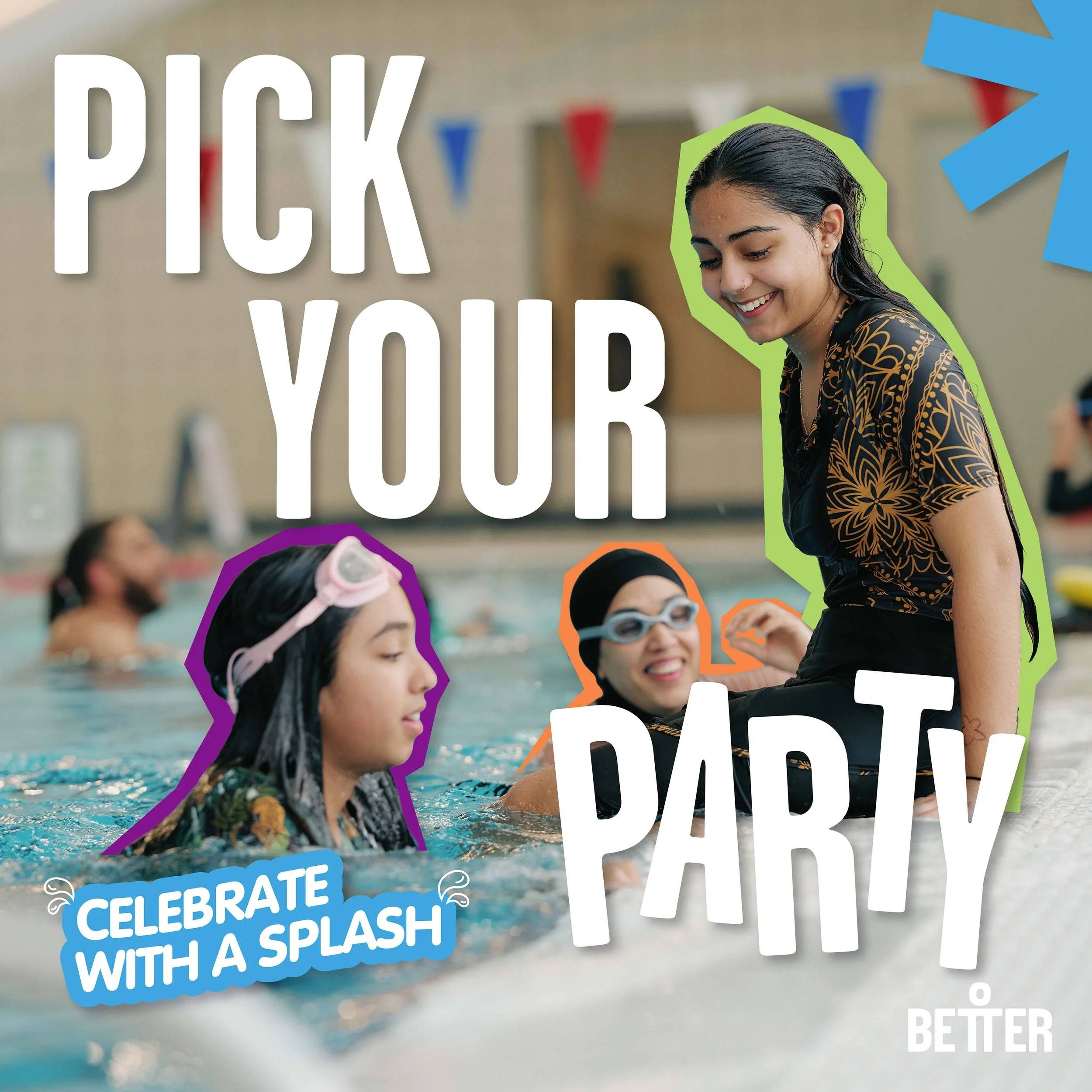 Children and a young woman enjoying a swimming lesson at an indoor pool, with colorful text overlay promoting celebrating a school splash event.