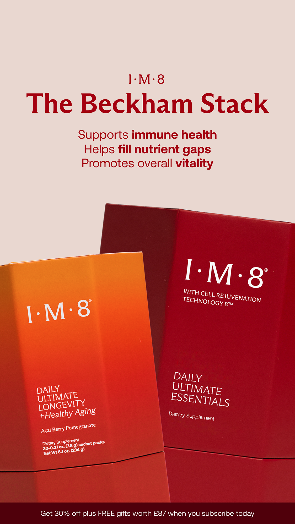 Image shows two boxes of I.M.8 dietary supplements, one orange and one red, with promotional text highlighting benefits like immune health, nutrient gaps, vitality, longevity, healthy aging, and cell rejuvenation technology.