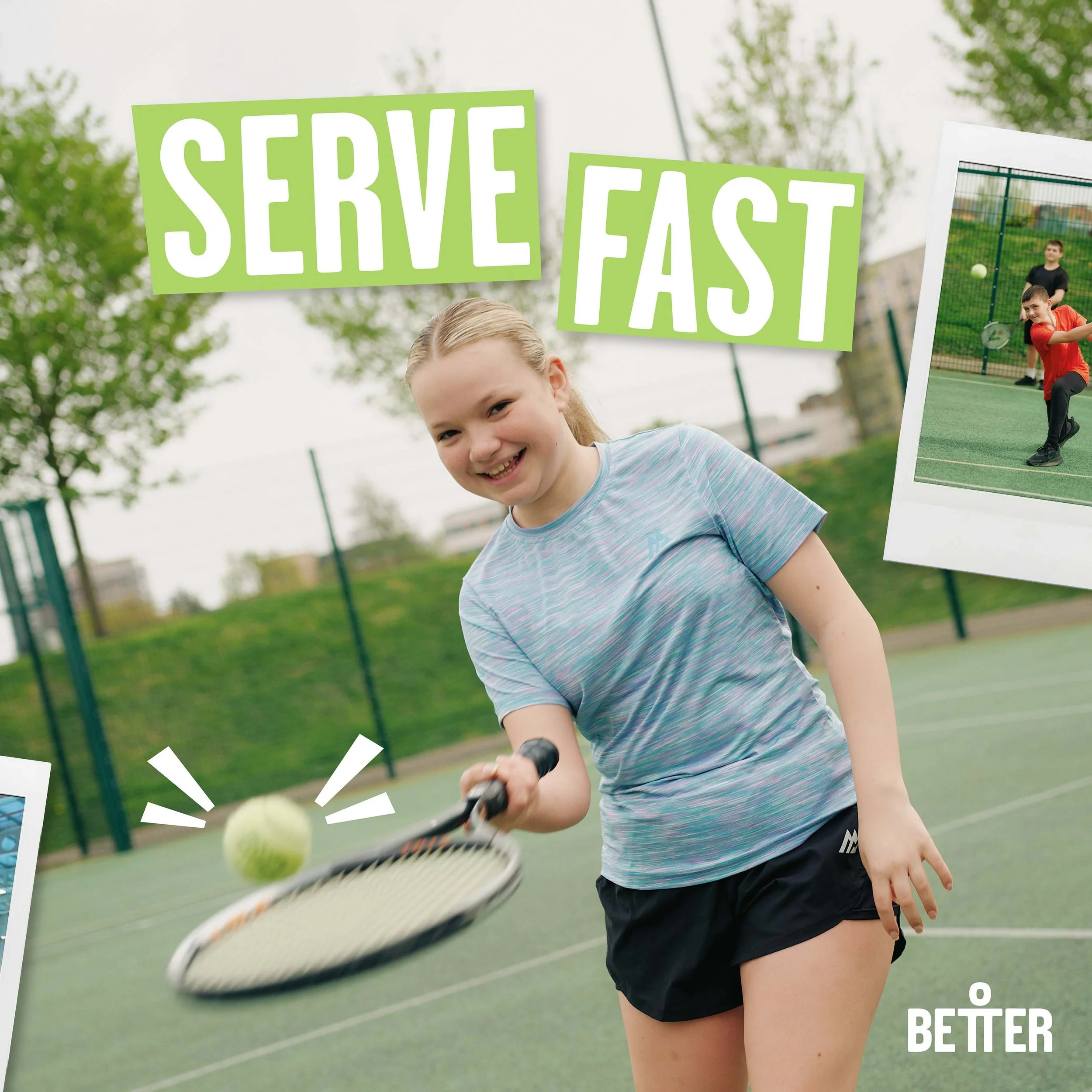 A young girl playing tennis at the outdoor court, wearing a striped t-shirt and black shorts, with greenery and fencing in the background.