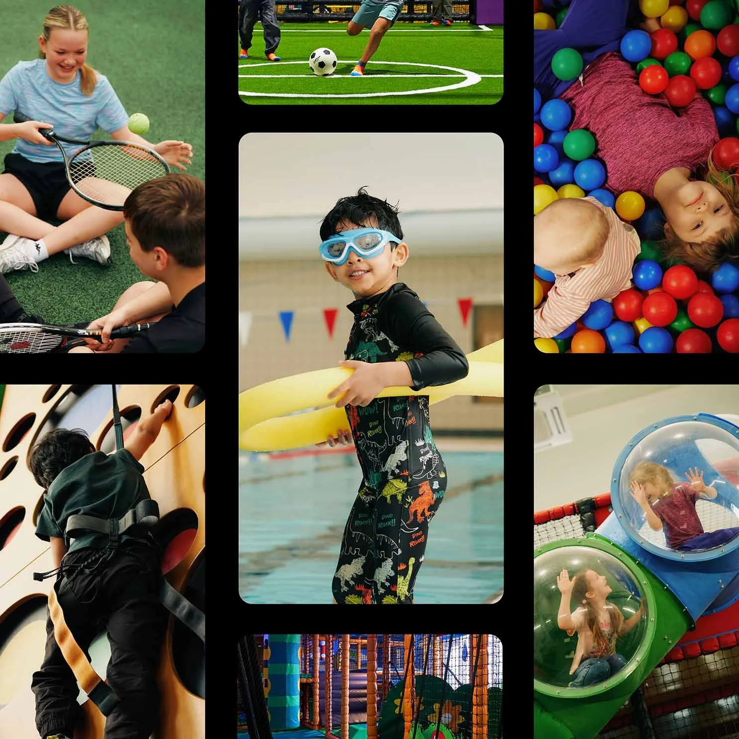 Children playing various indoor and outdoor recreational activities, including playing tennis, soccer, swimming, climbing, and playing in a ball pit.