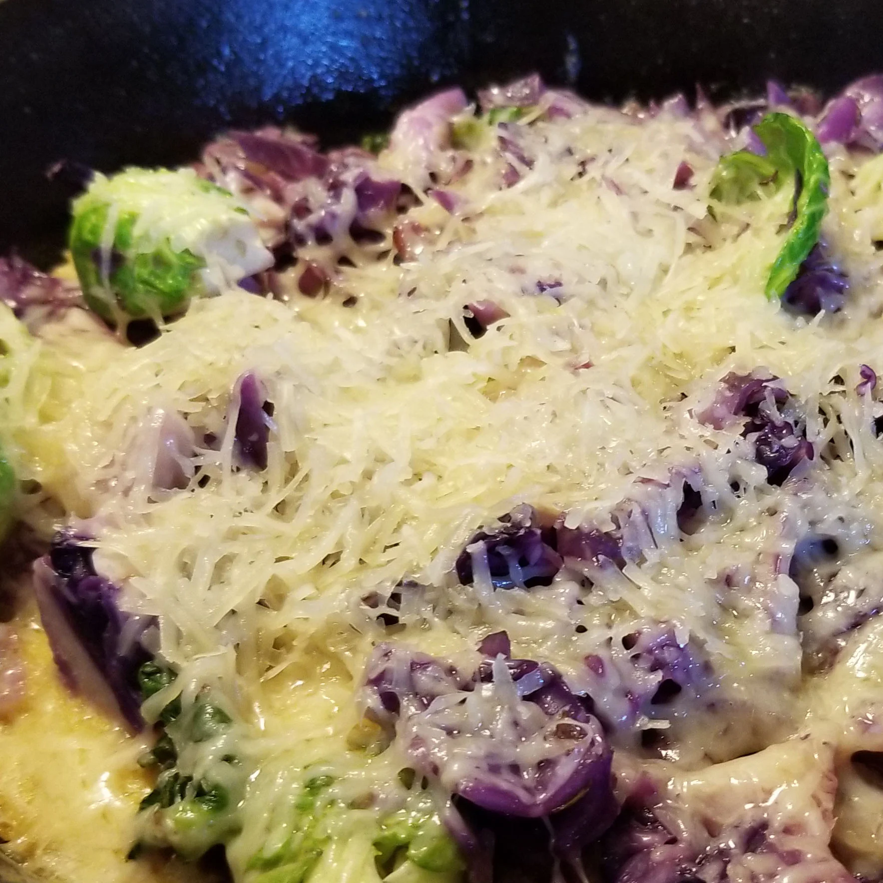 Socca with brussels sprouts and red cabbage.