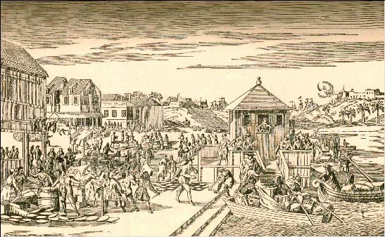 Grabado del siglo XVIII de la Feria de Portobelo, punto clave de la red comercial por concentrar los recursos económicos de gran parte del continente sudamericano. Fuente.