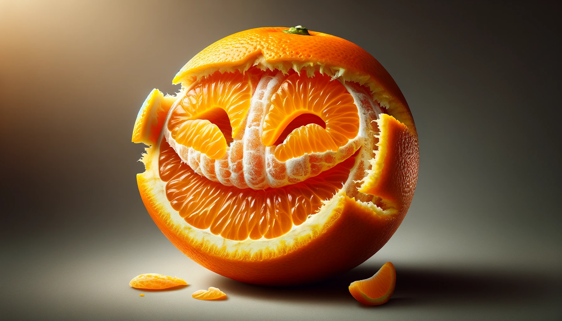 DALL·E 2024-01-04 07.44.55 - A hyper-realistic image of an orange with a section peeled to create a face-like appearance. The peel is intricately curled to resemble a smile, while.png