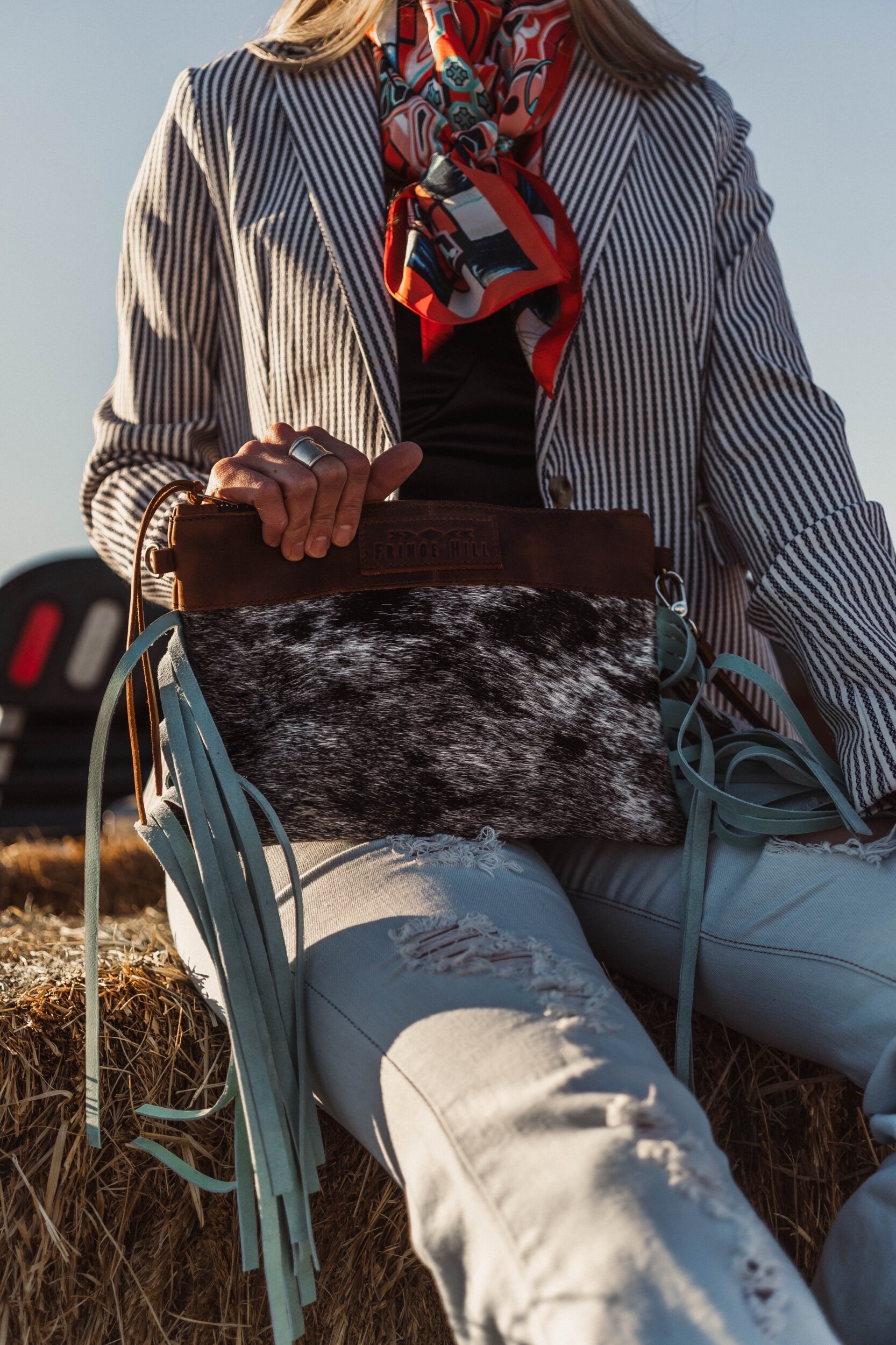 Chasing Cowboys G Upcycled Cowhide Fringe Bag - Turquoise – Style