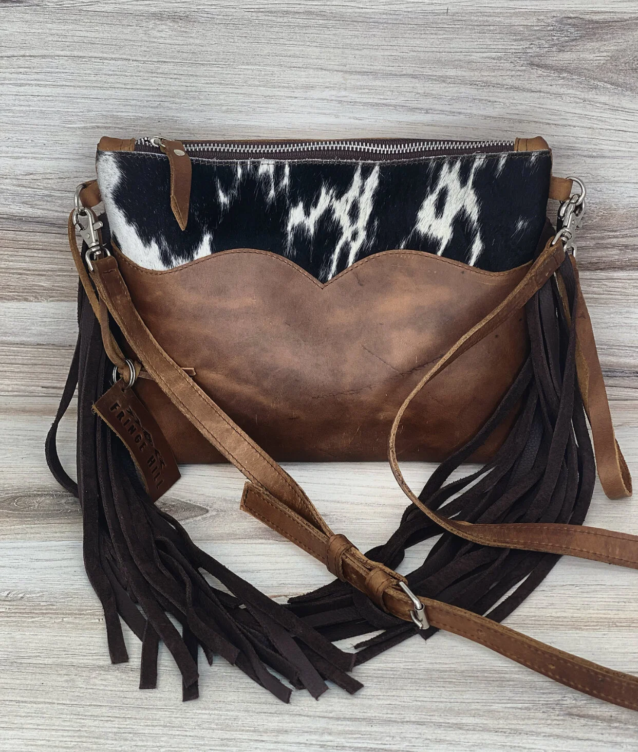 Cowhide Crossbody Purse with Fringes Western Handbag Clutch Black Brown  Leather