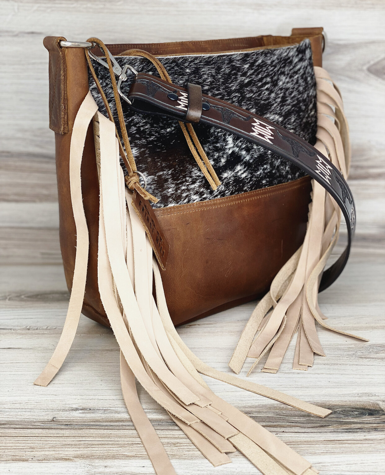 Amy' Tooling Leather Cowhide Bag Large With and Without Fringe