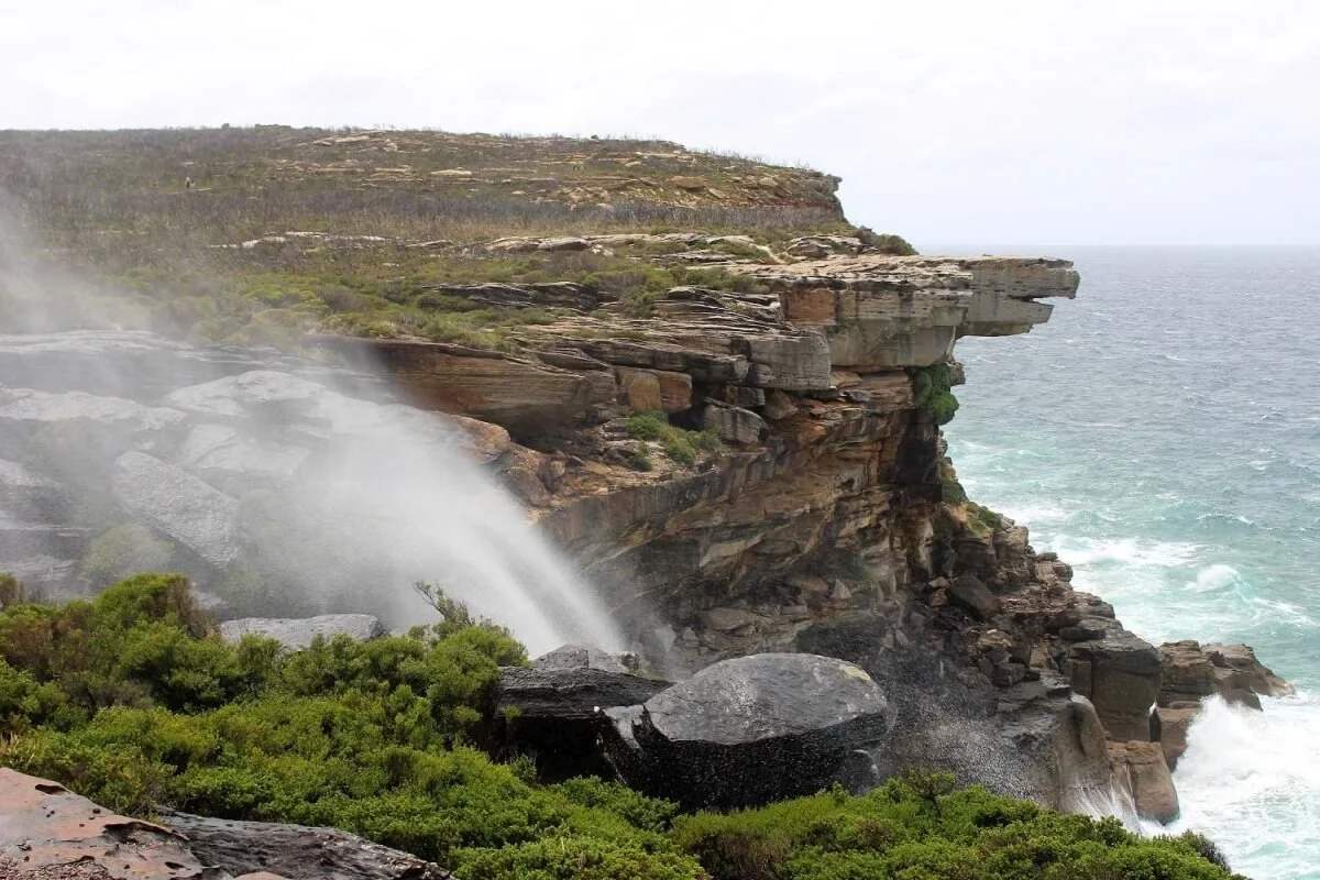 Curracurrong Falls blown upward by wind with Eagle Rock sandstone formation visible behind, Royal National Park
